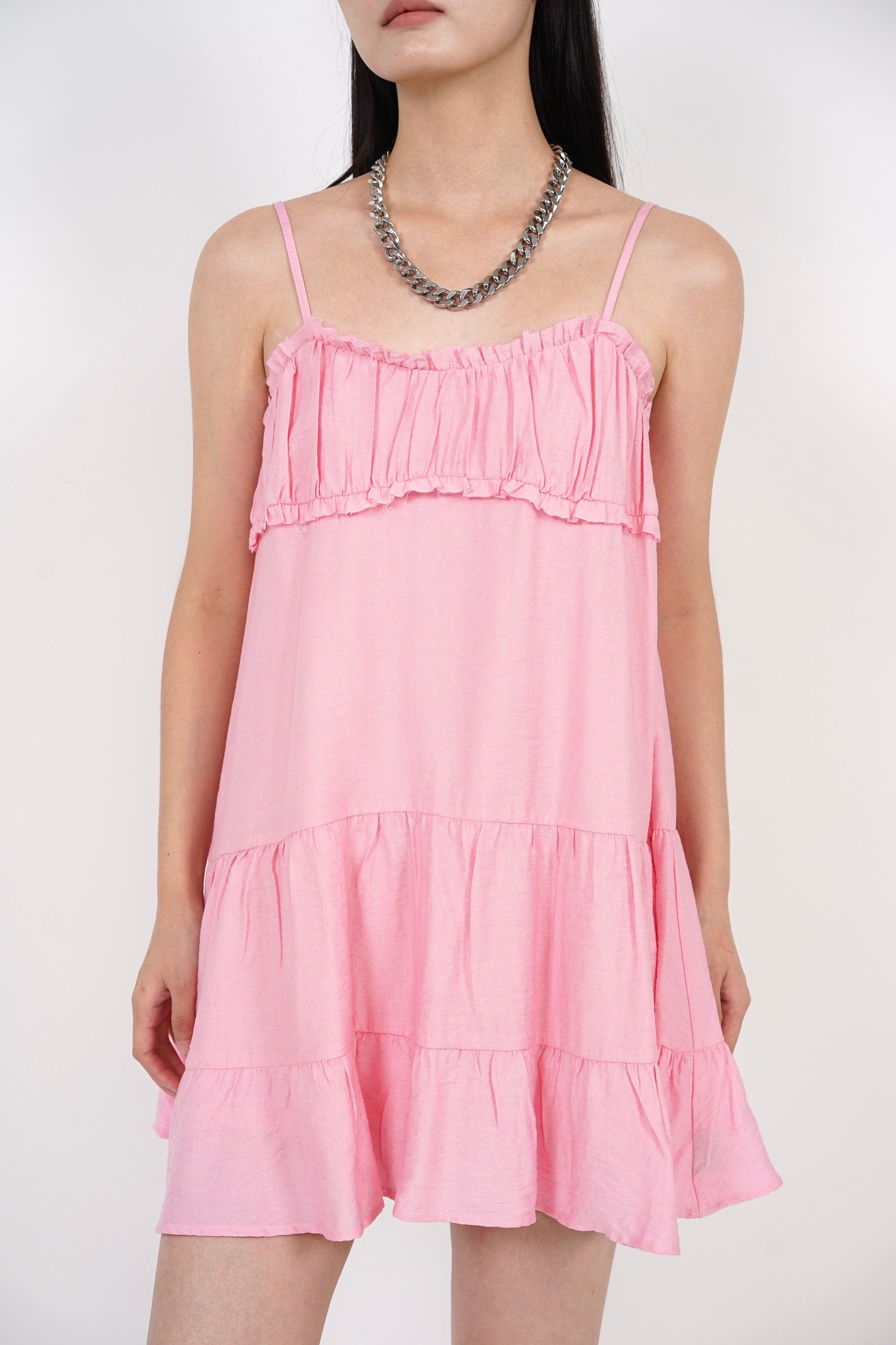 Ruched Gathered Flare Dress in Pink
