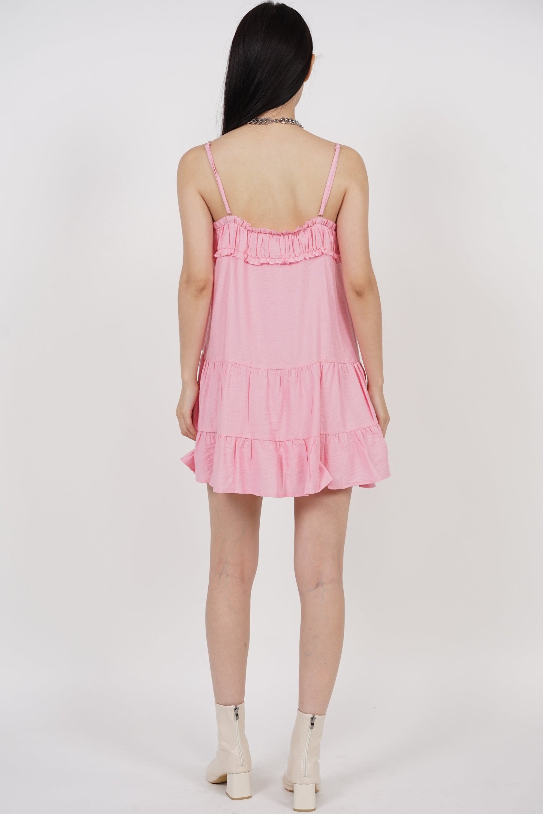 Ruched Gathered Flare Dress in Pink