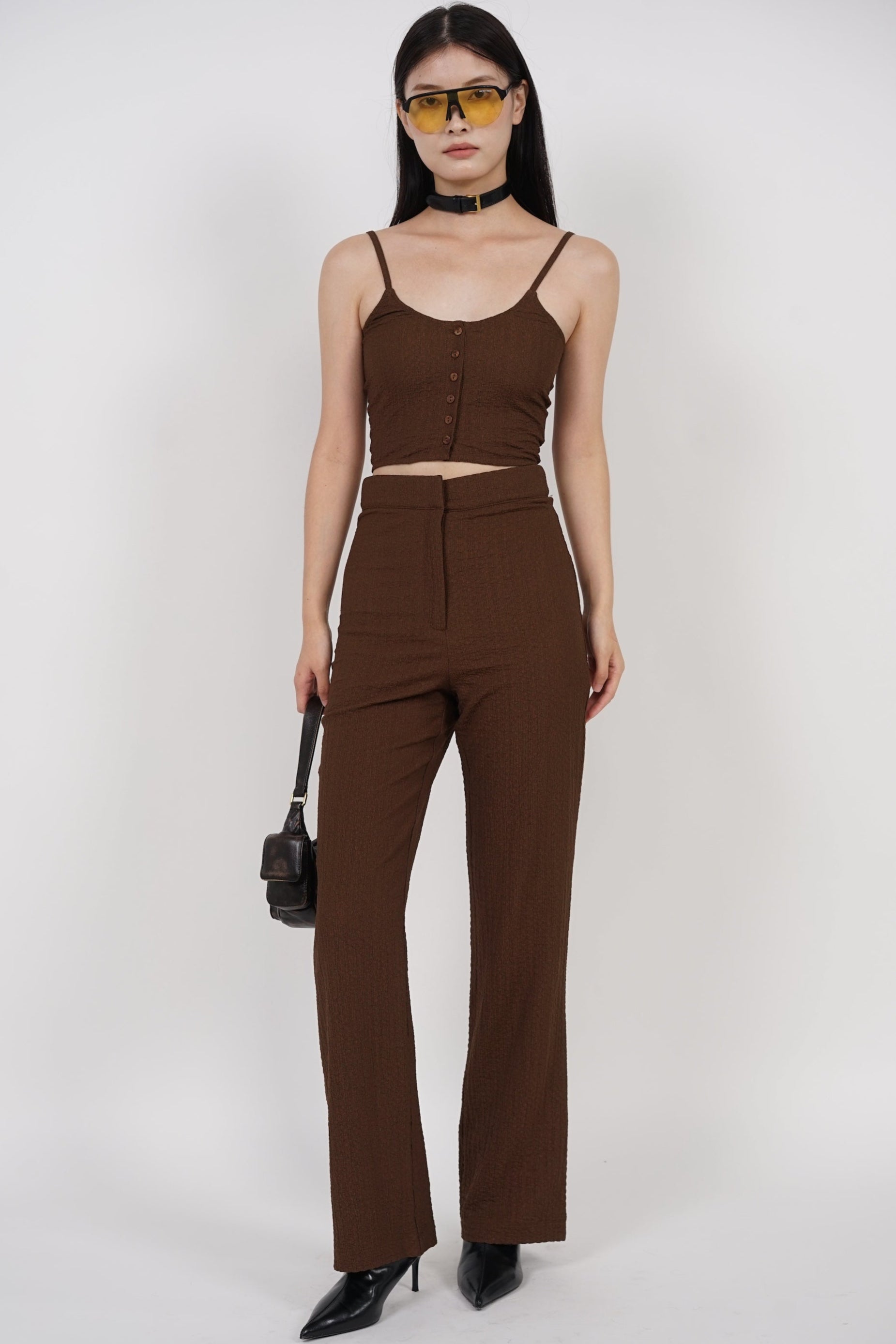 Textured Cami Button Crop Top in Mocha