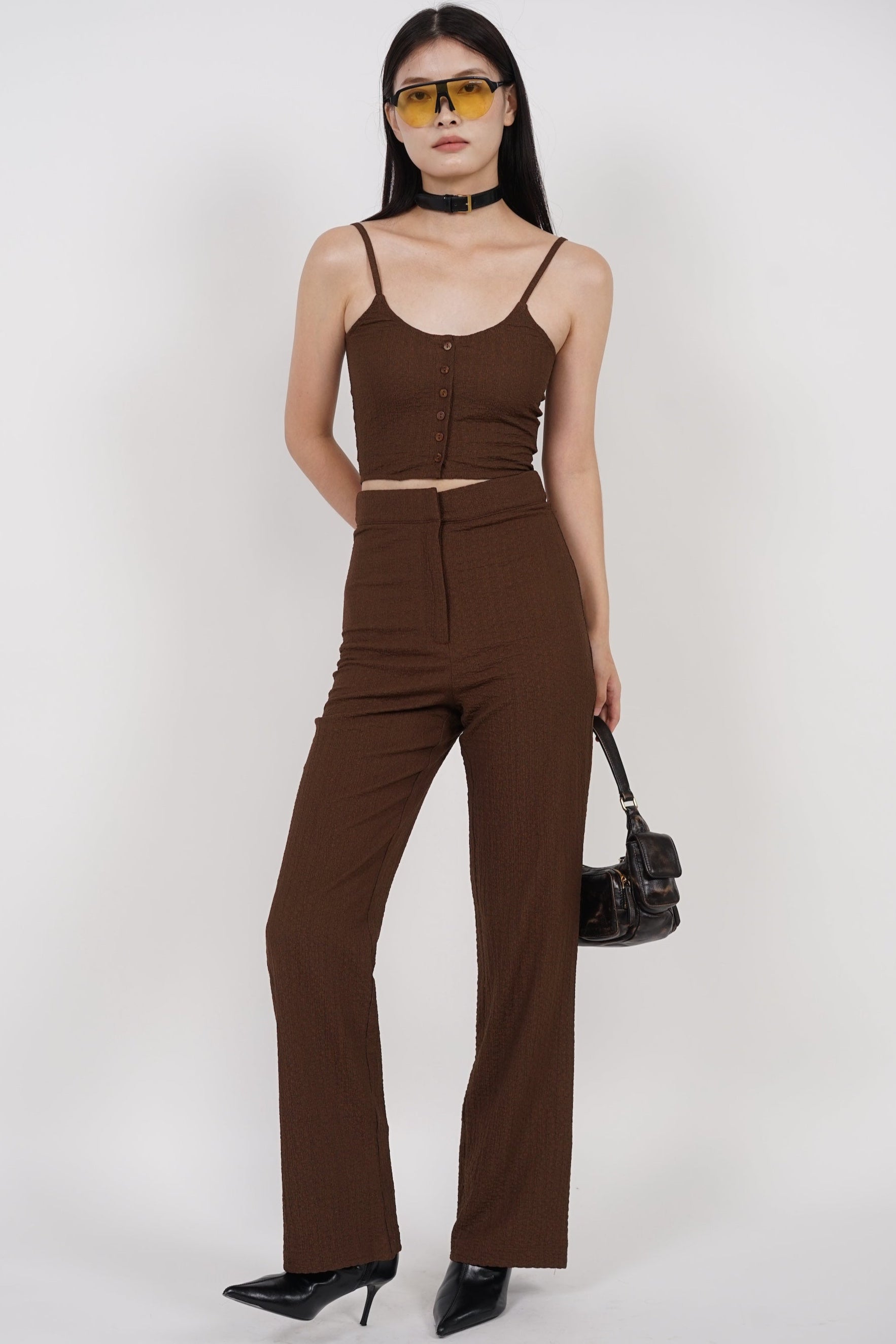 Textured Flared Hem Pants in Mocha