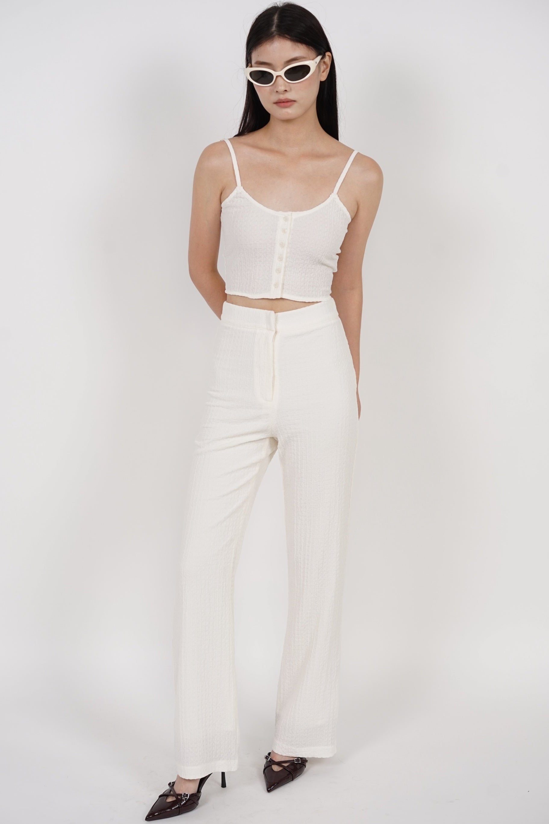 Textured Flared Hem Pants in Cream