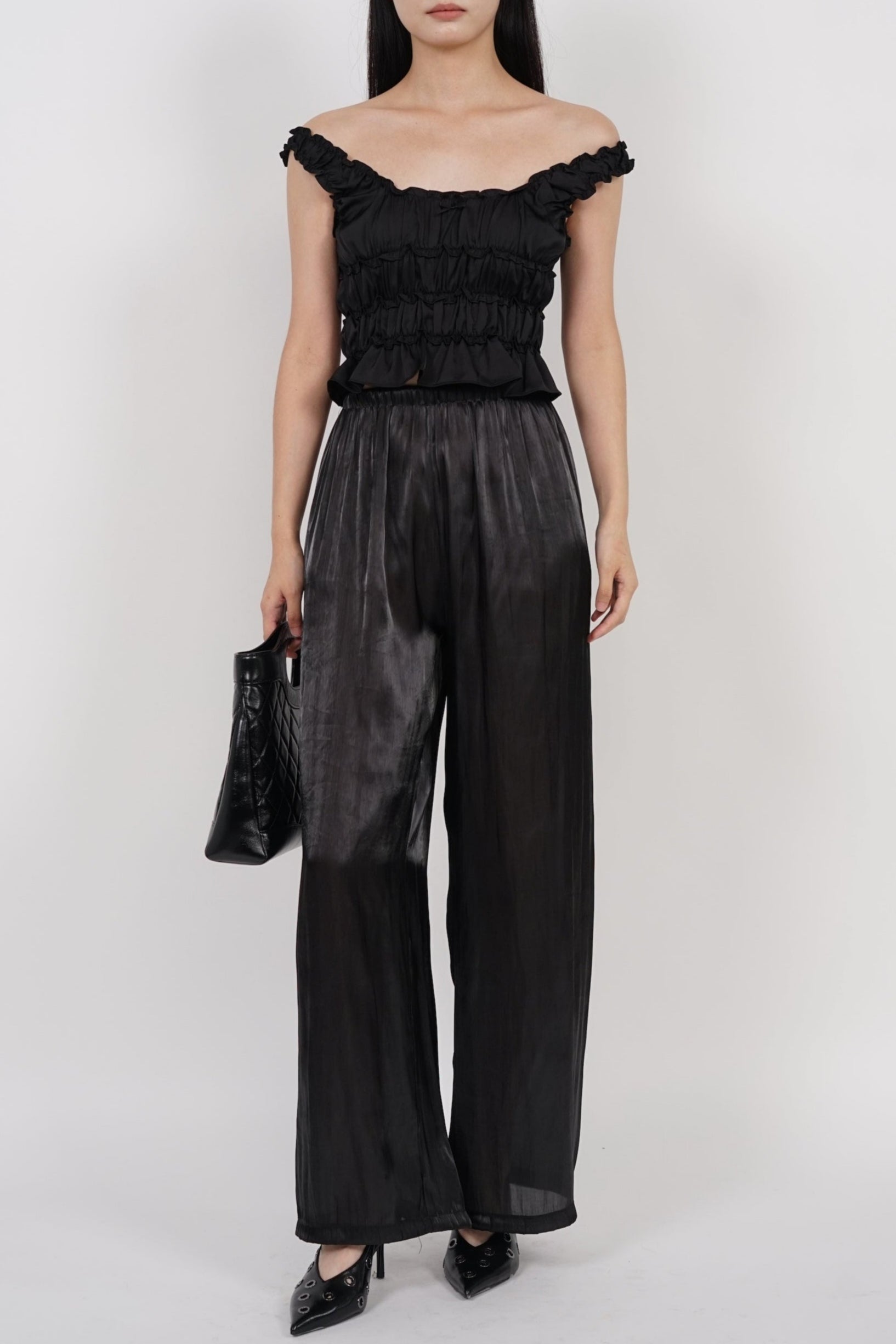 Gathered Ribbon Ruffle Top in Black