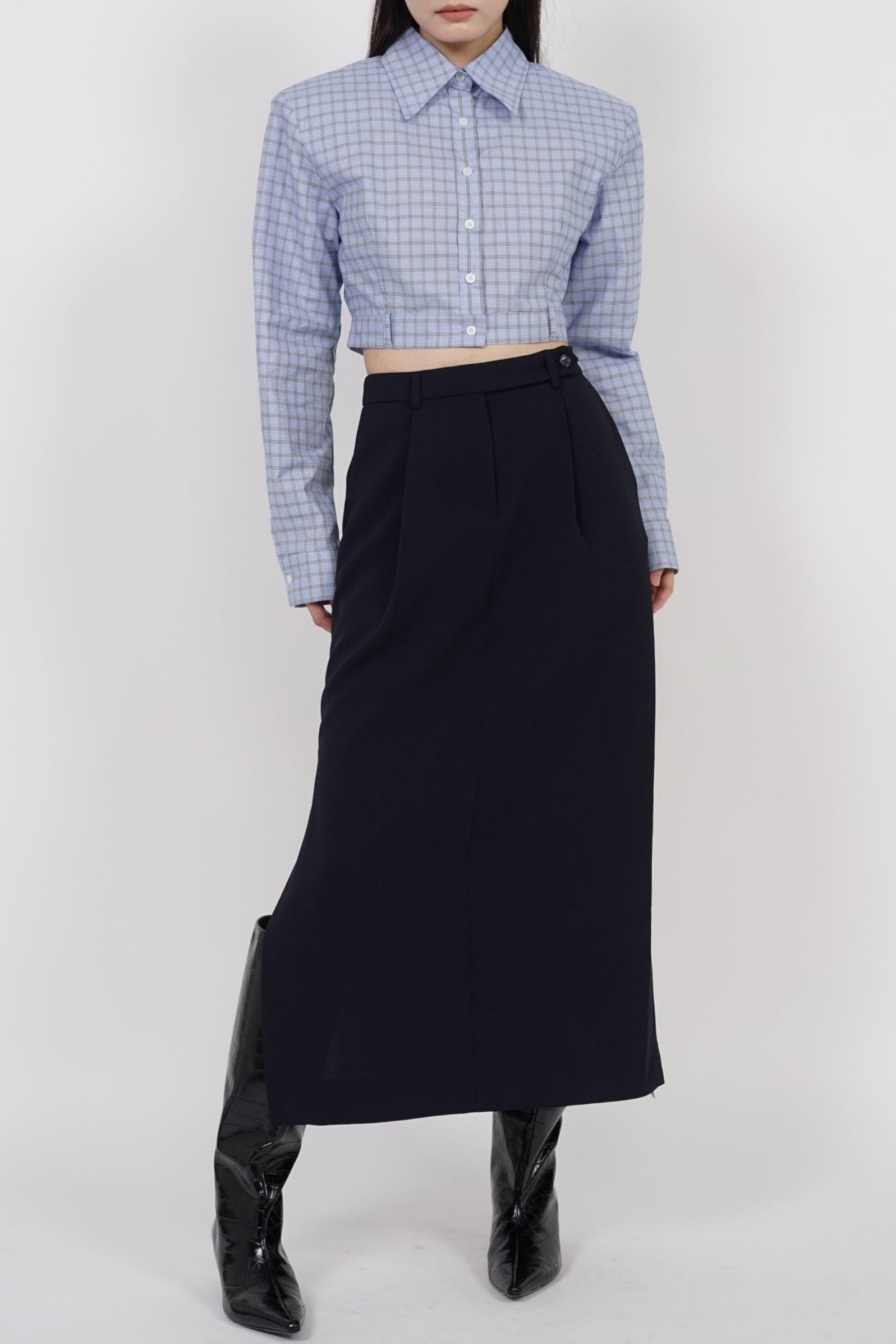Long Sleeve Crop Button Top in Light Blue Checks