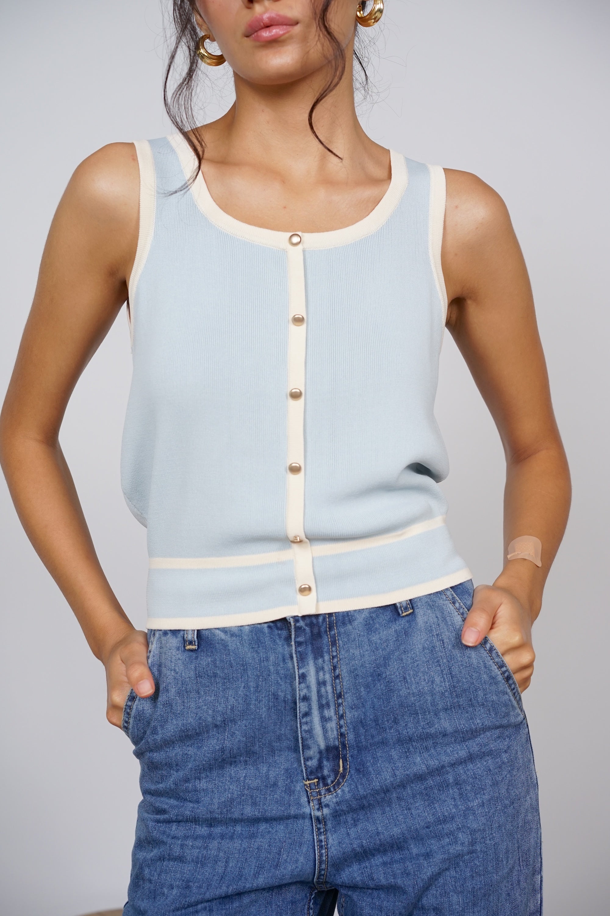 Contrast Knit Top in Light Blue