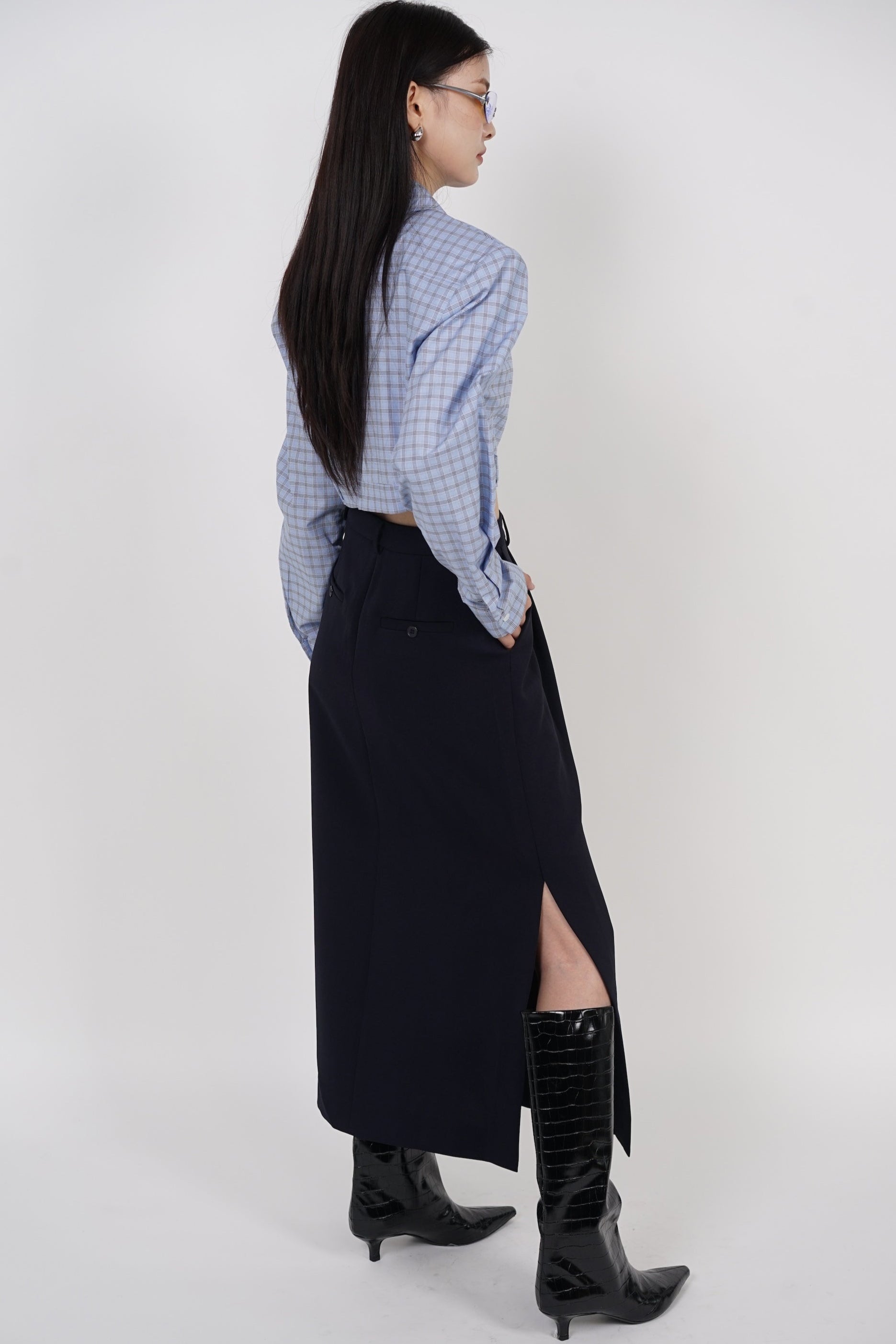 Long Sleeve Crop Button Top in Light Blue Checks