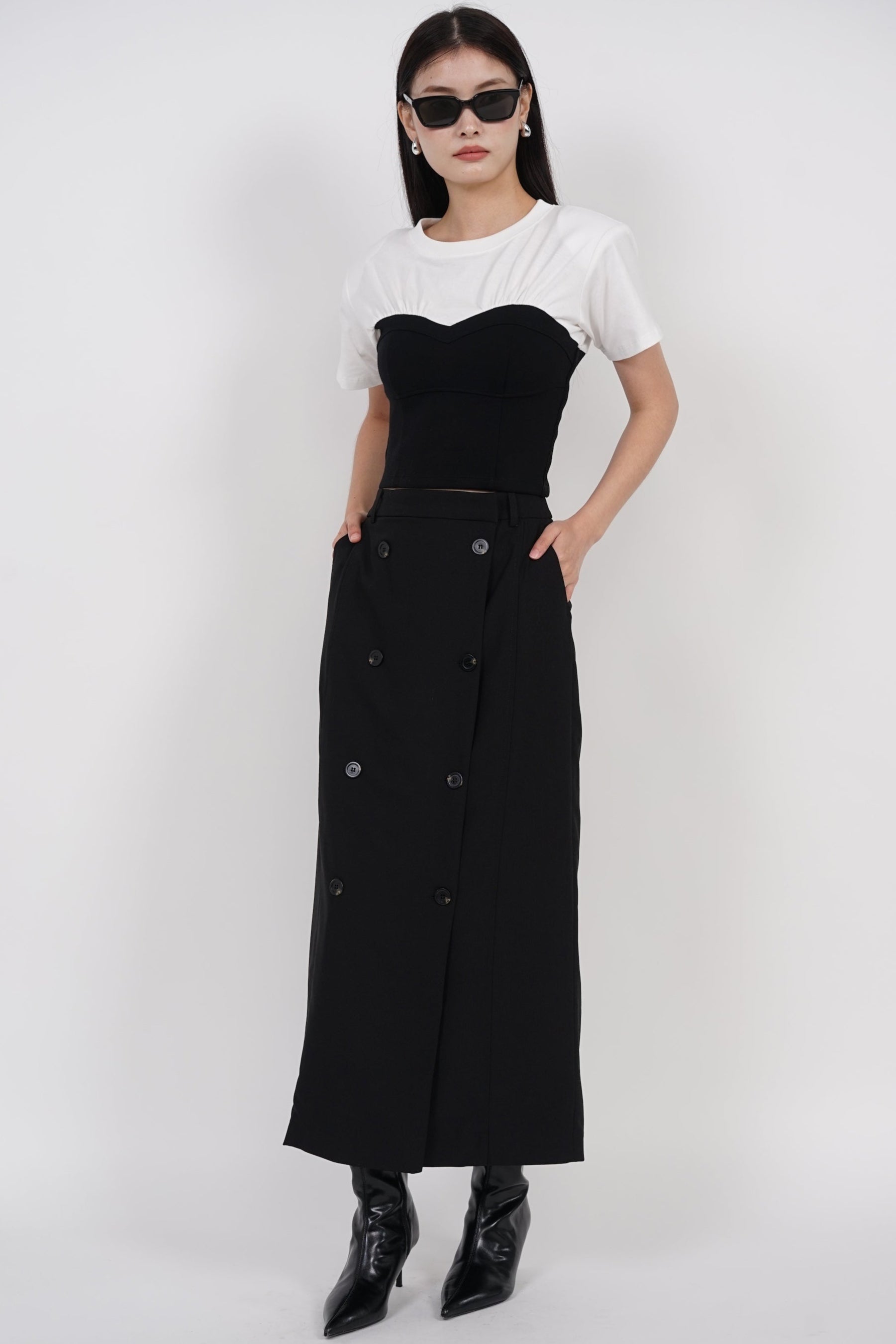 Short Sleeve Bustier Top in White Black