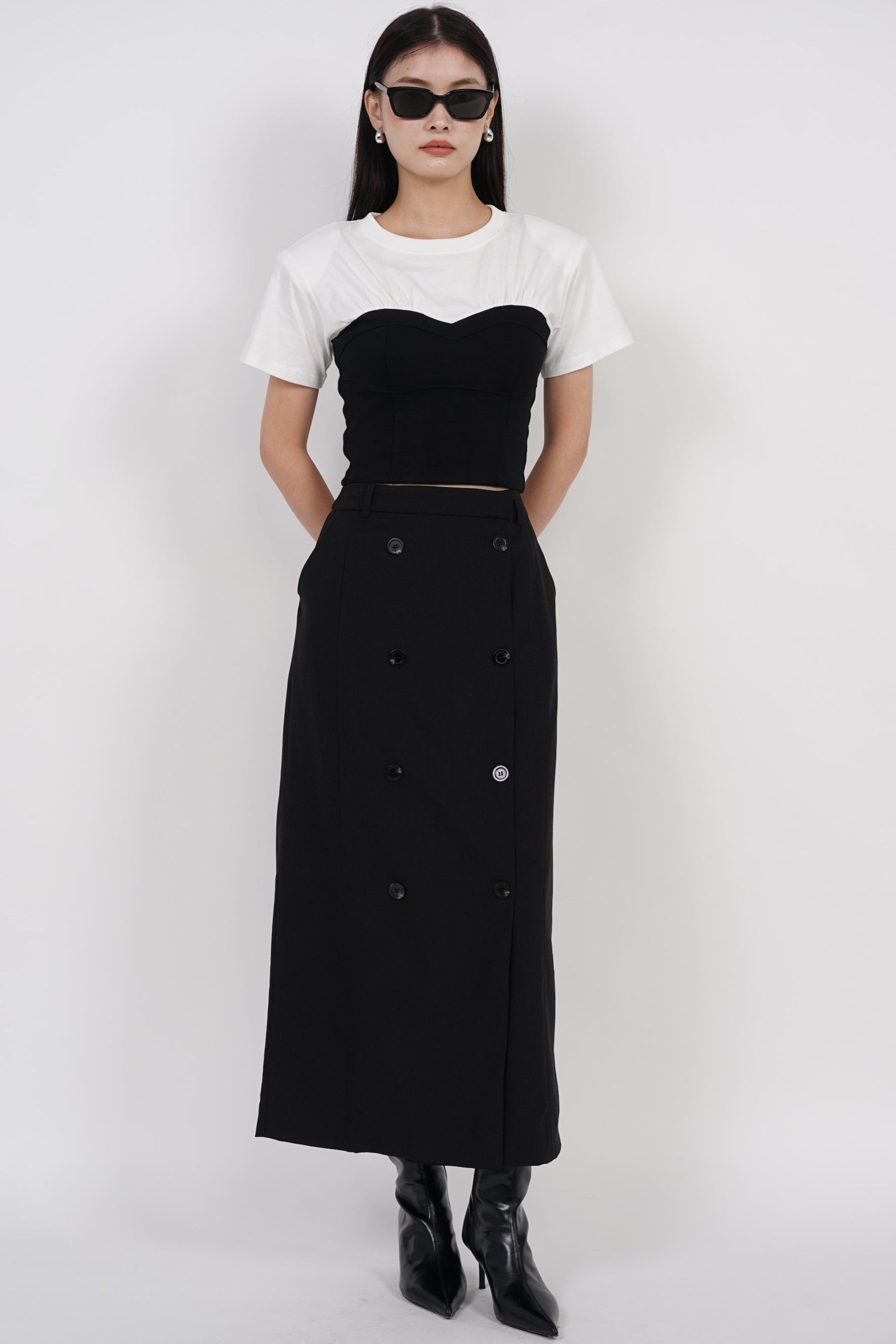 Short Sleeve Bustier Top in White Black