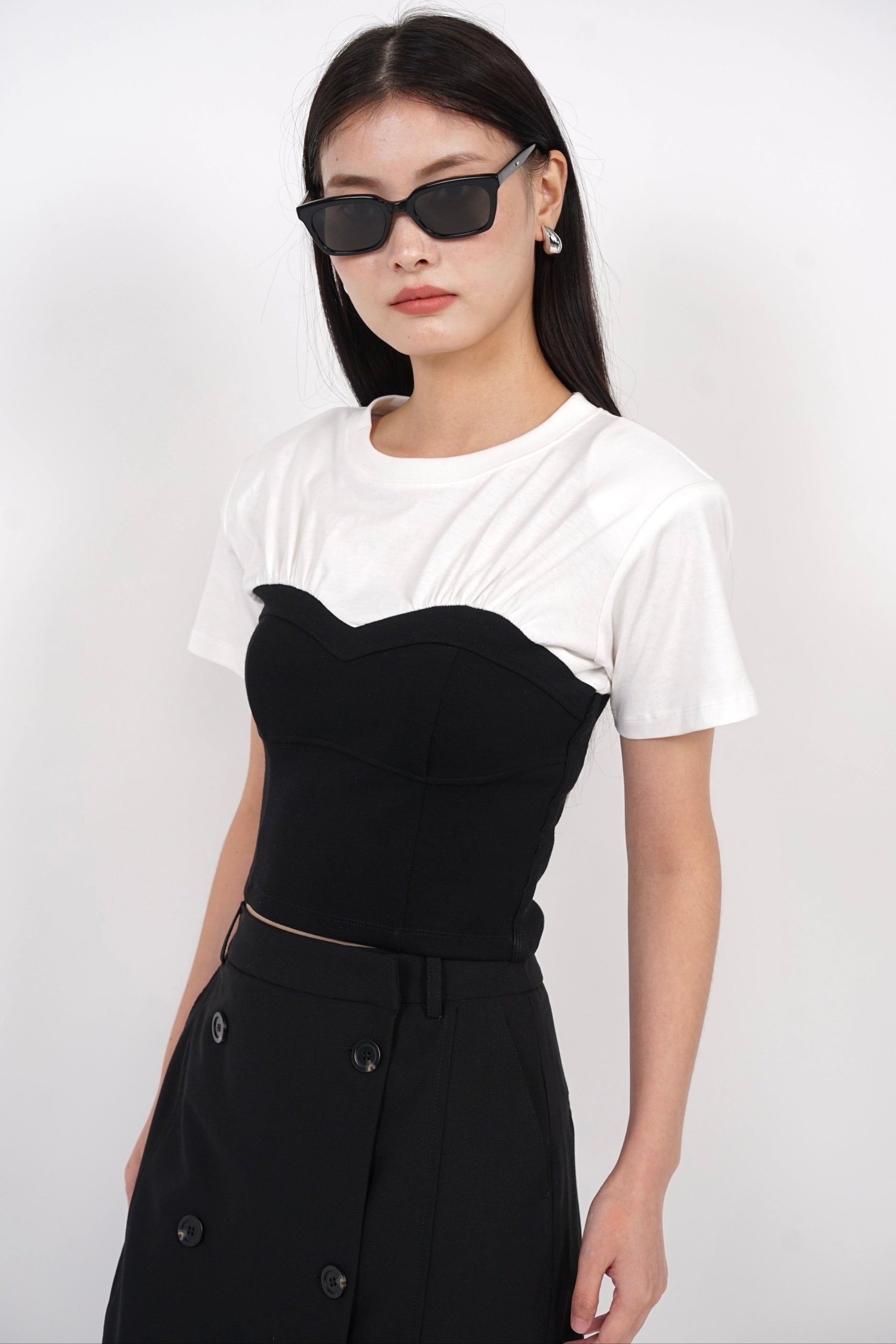 Short Sleeve Bustier Top in White Black