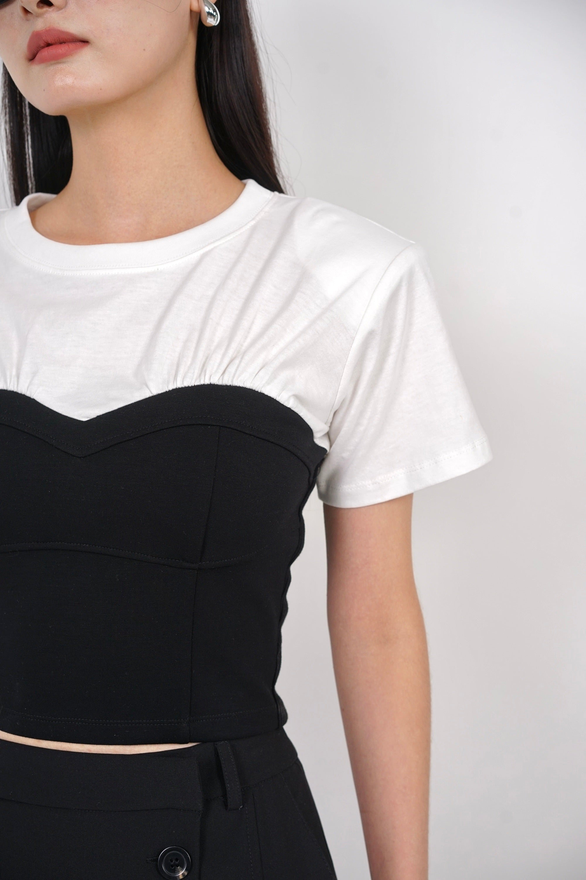 Short Sleeve Bustier Top in White Black