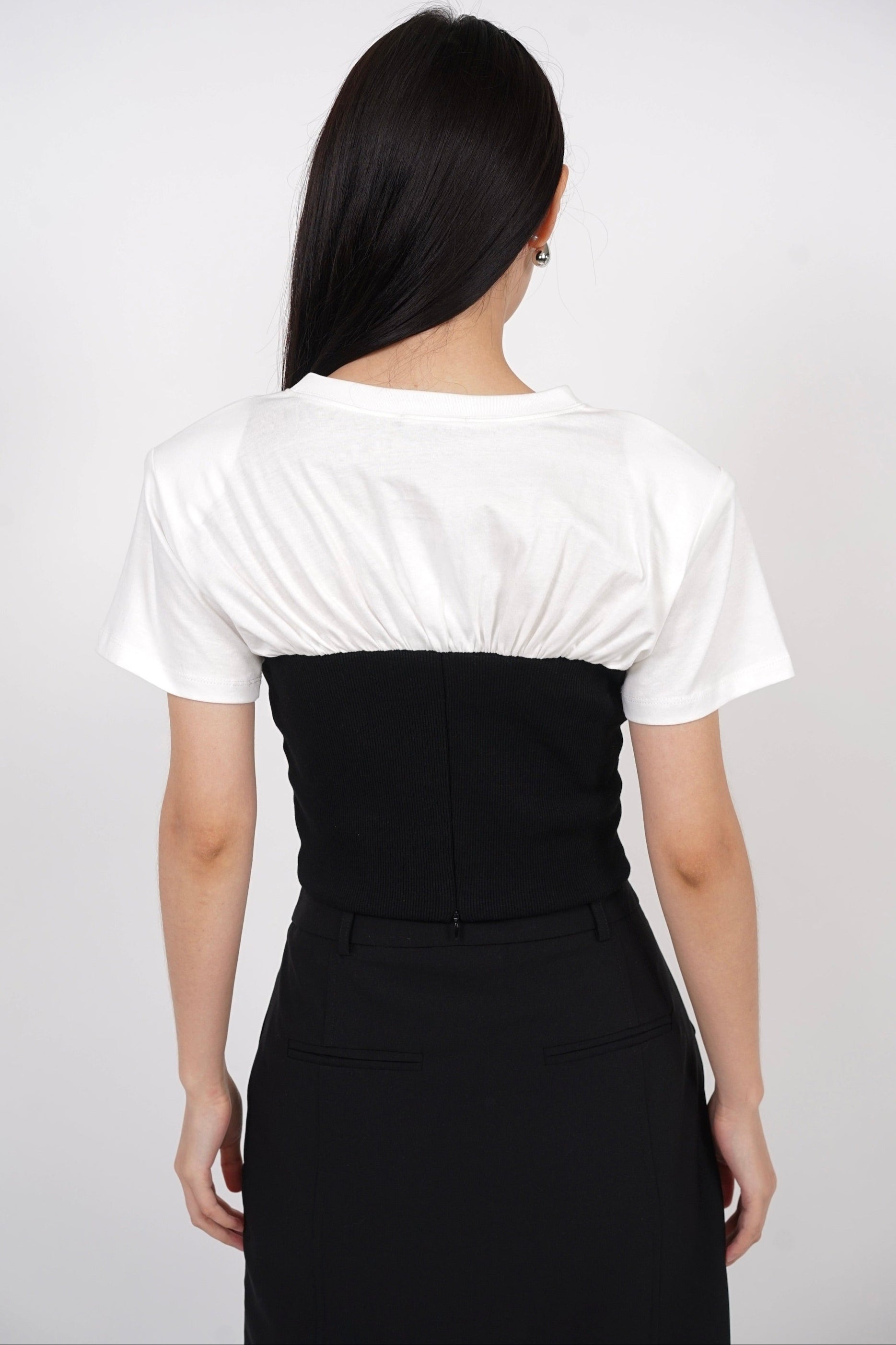 Short Sleeve Bustier Top in White Black