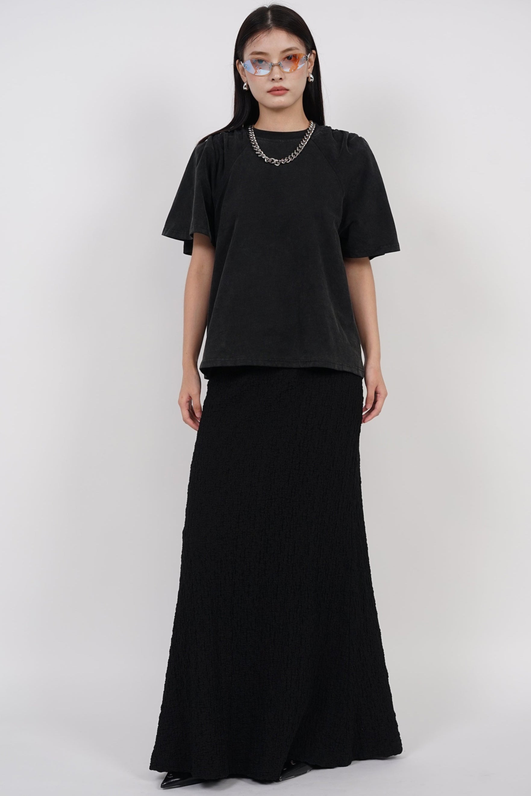 Washed Gathered Padded Top in Black