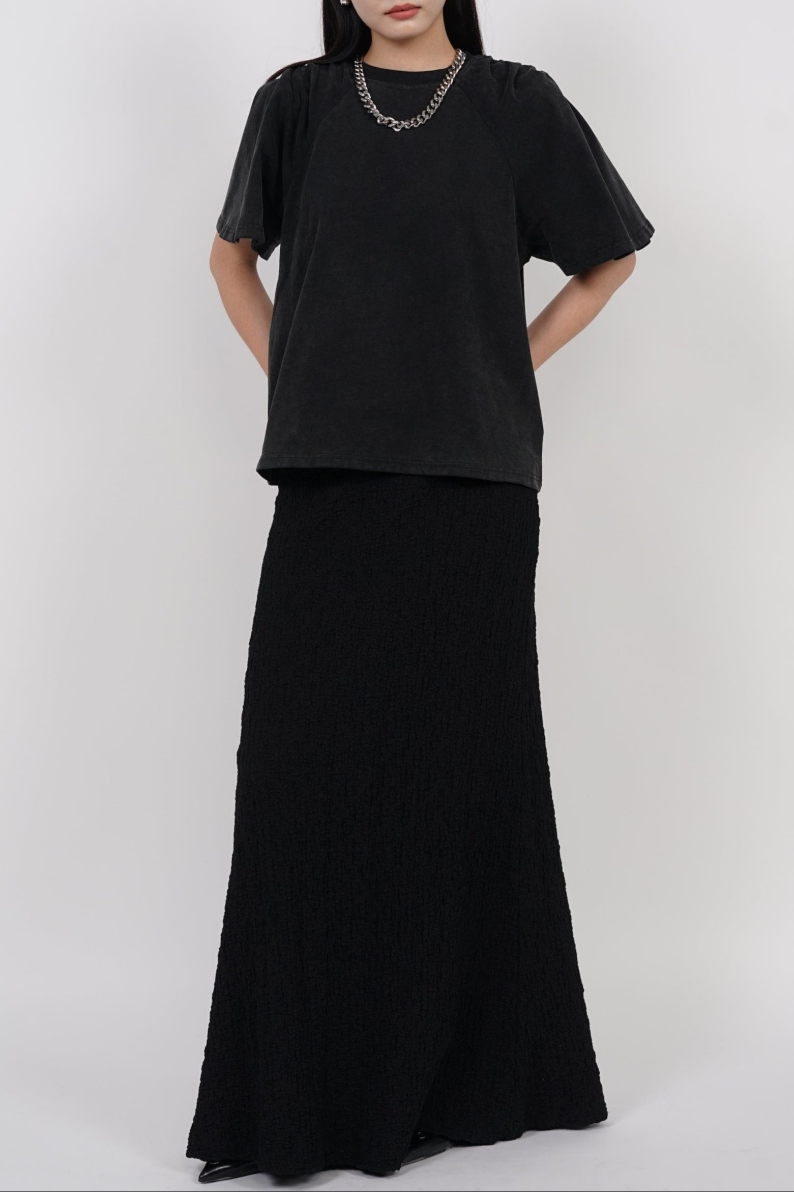Washed Gathered Padded Top in Black