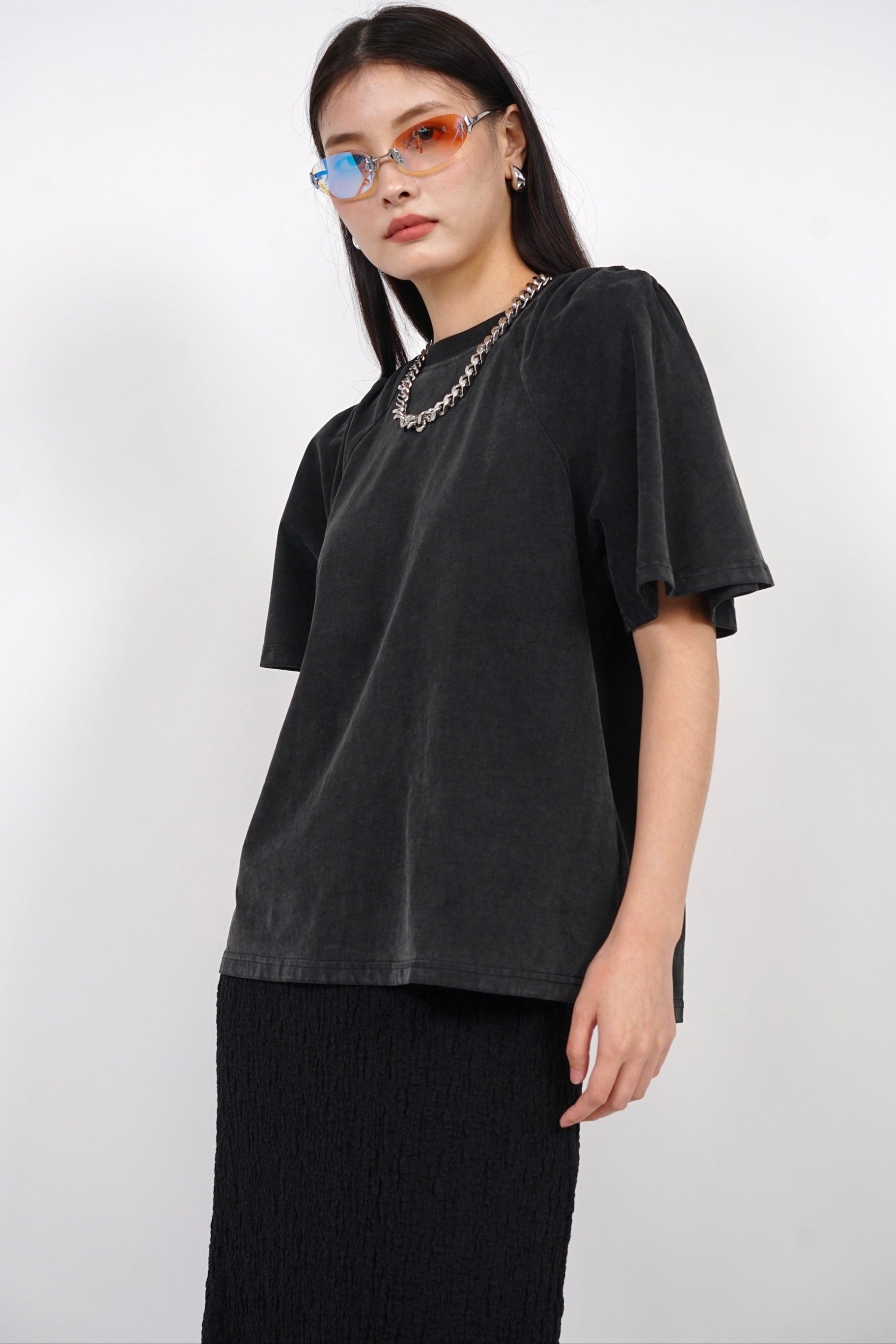 Washed Gathered Padded Top in Black