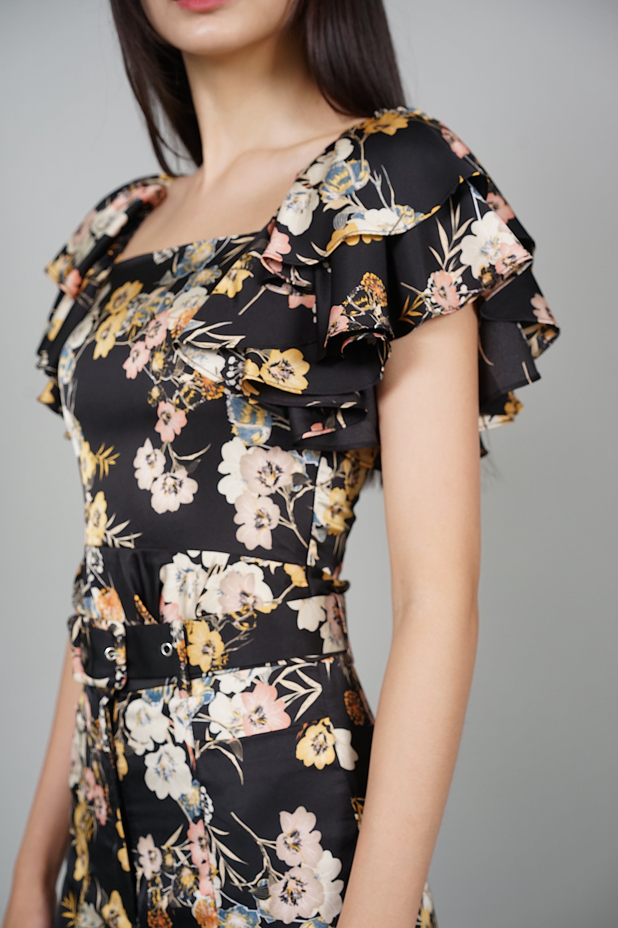 Huda Ruffled Top in Black Floral
