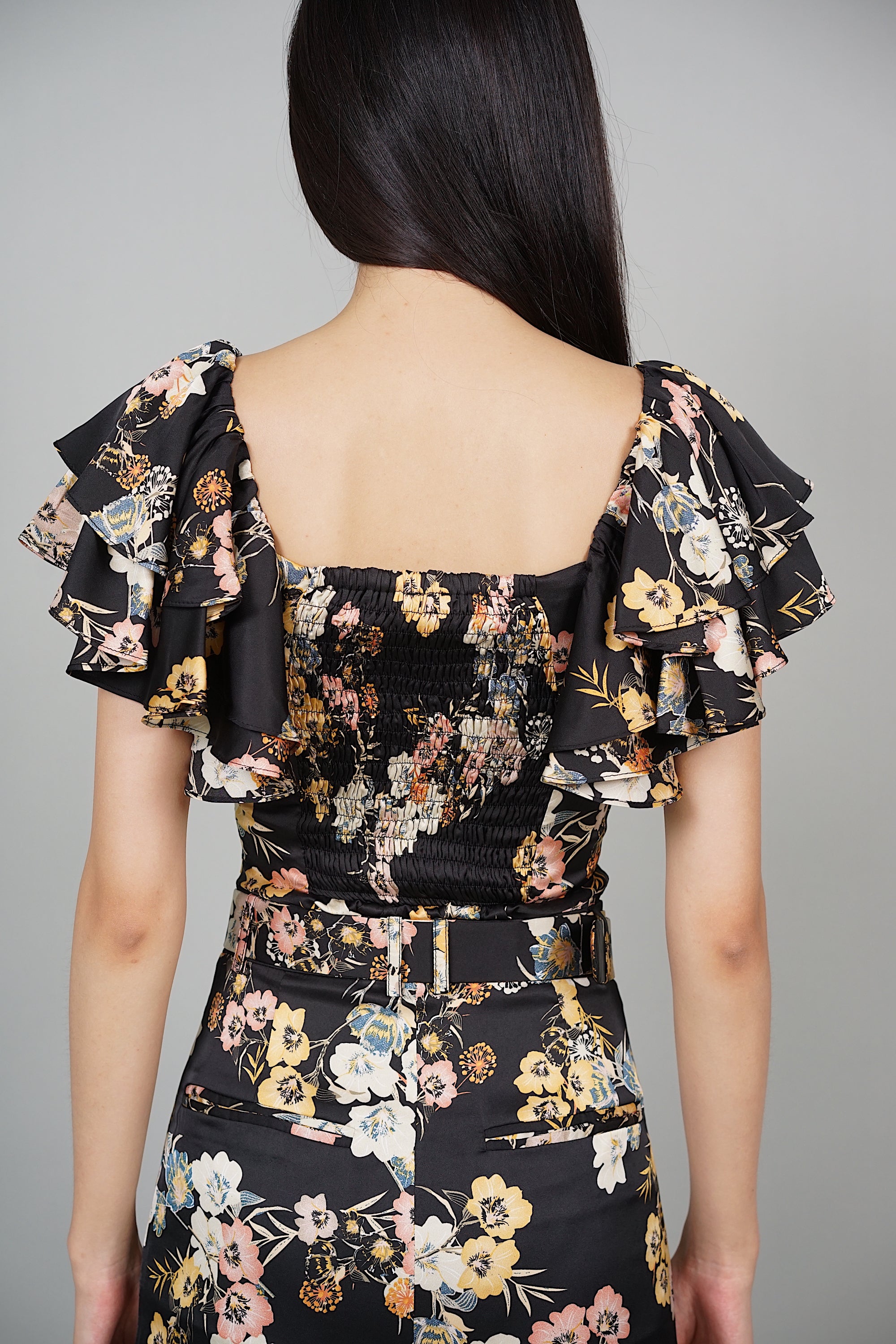 Huda Ruffled Top in Black Floral
