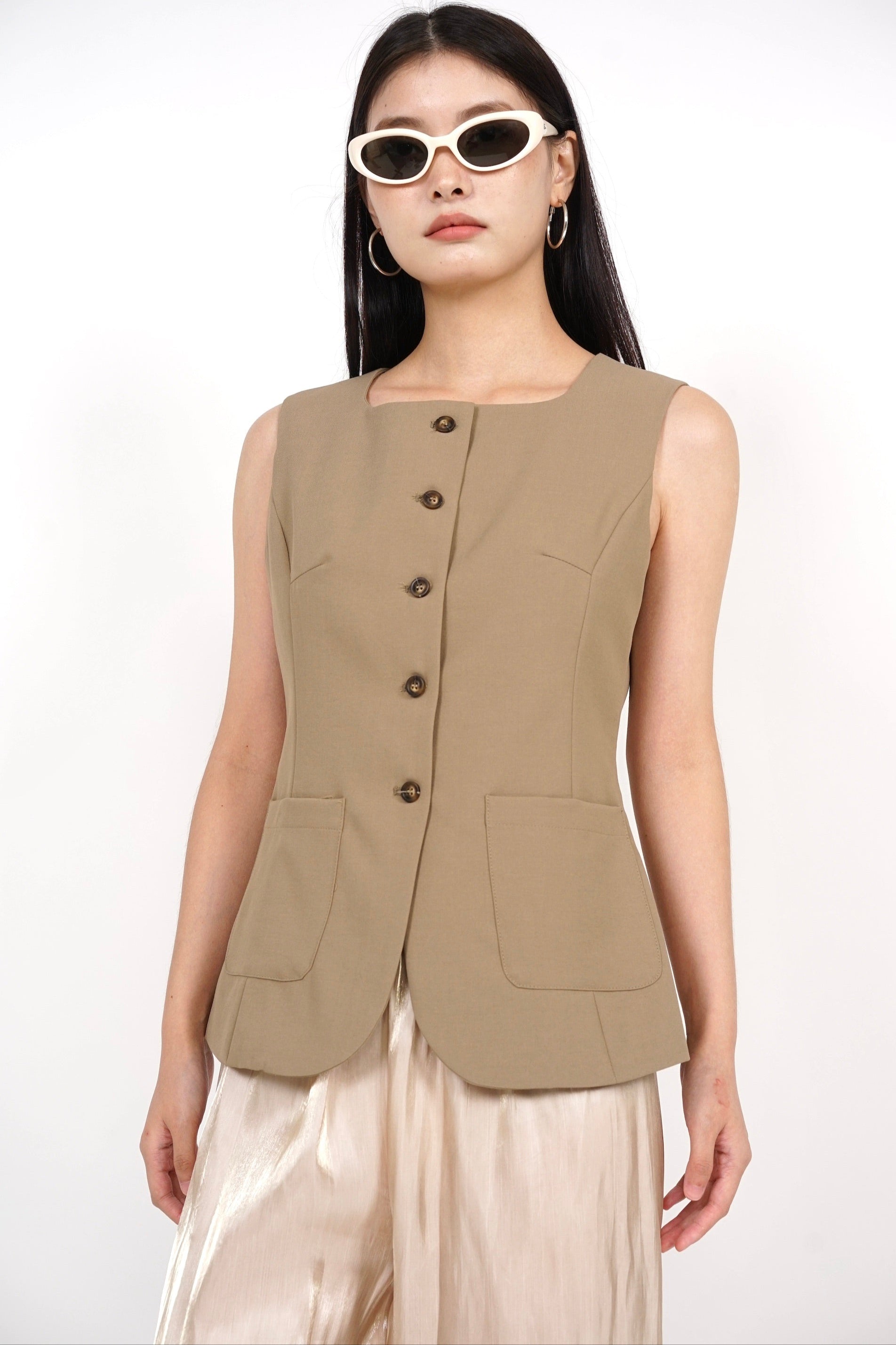 Tailored Longline Vest Top in Cappuccino