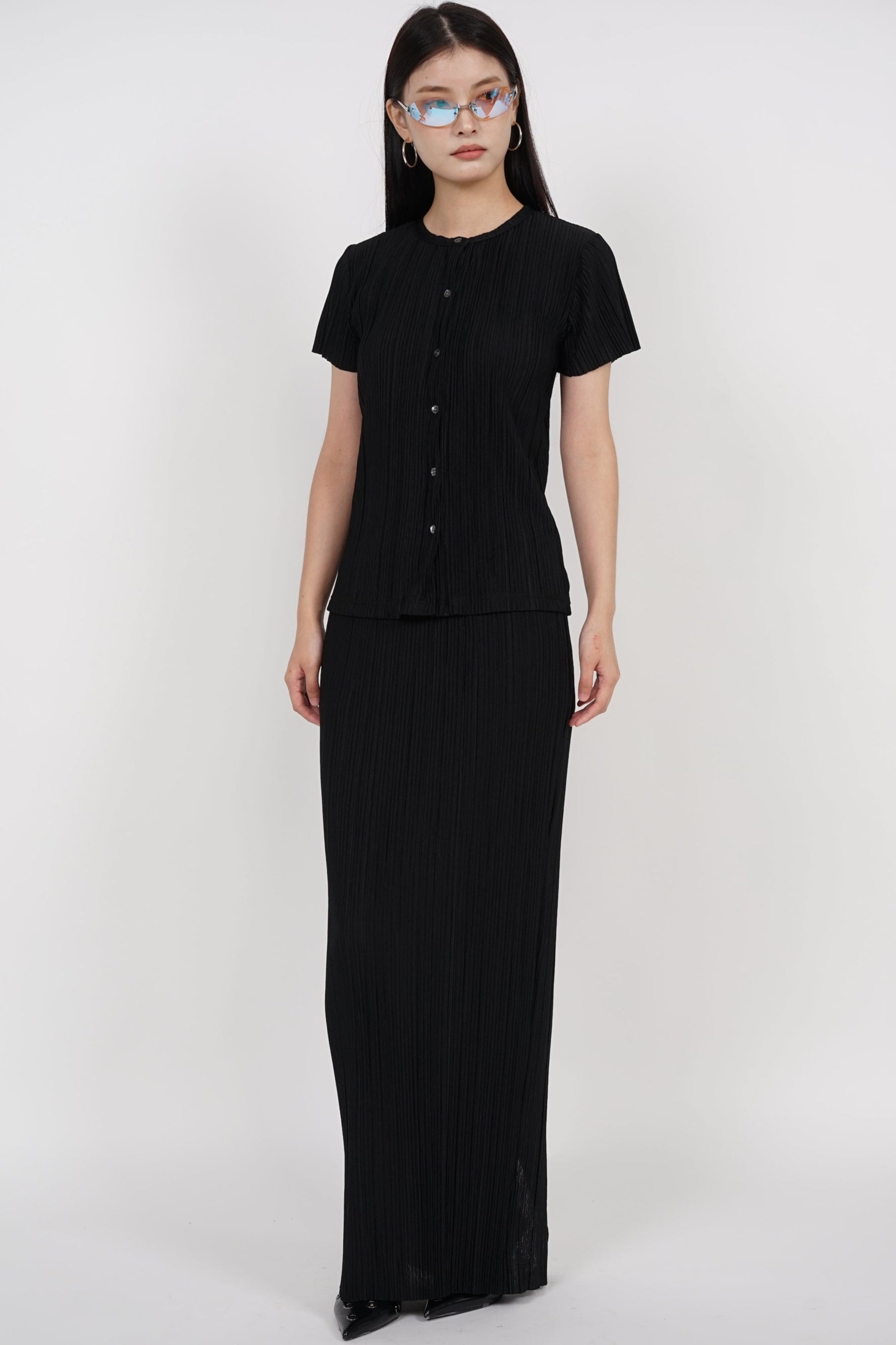 Plisse Button Pleated Top in Black