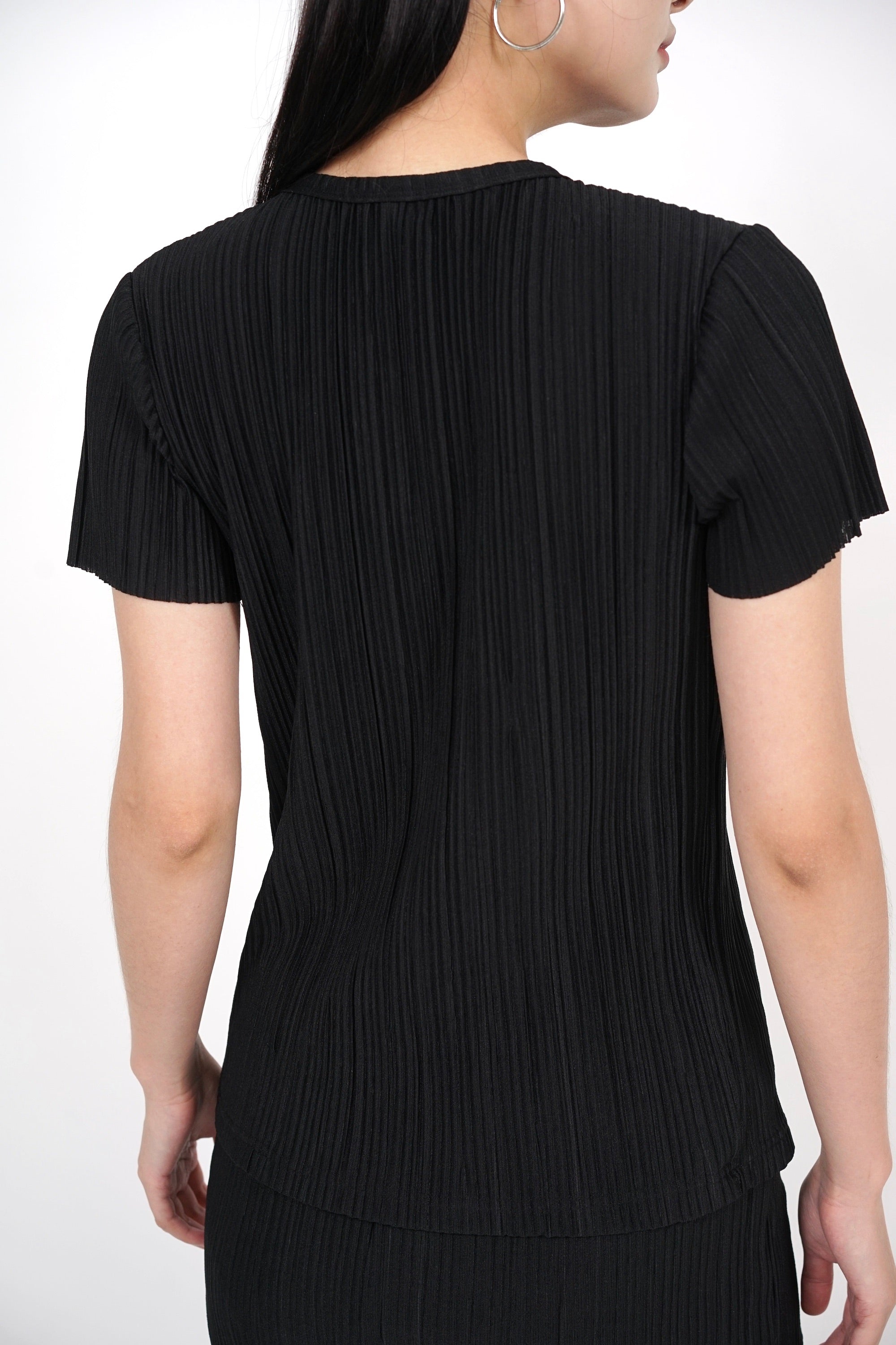 Plisse Button Pleated Top in Black
