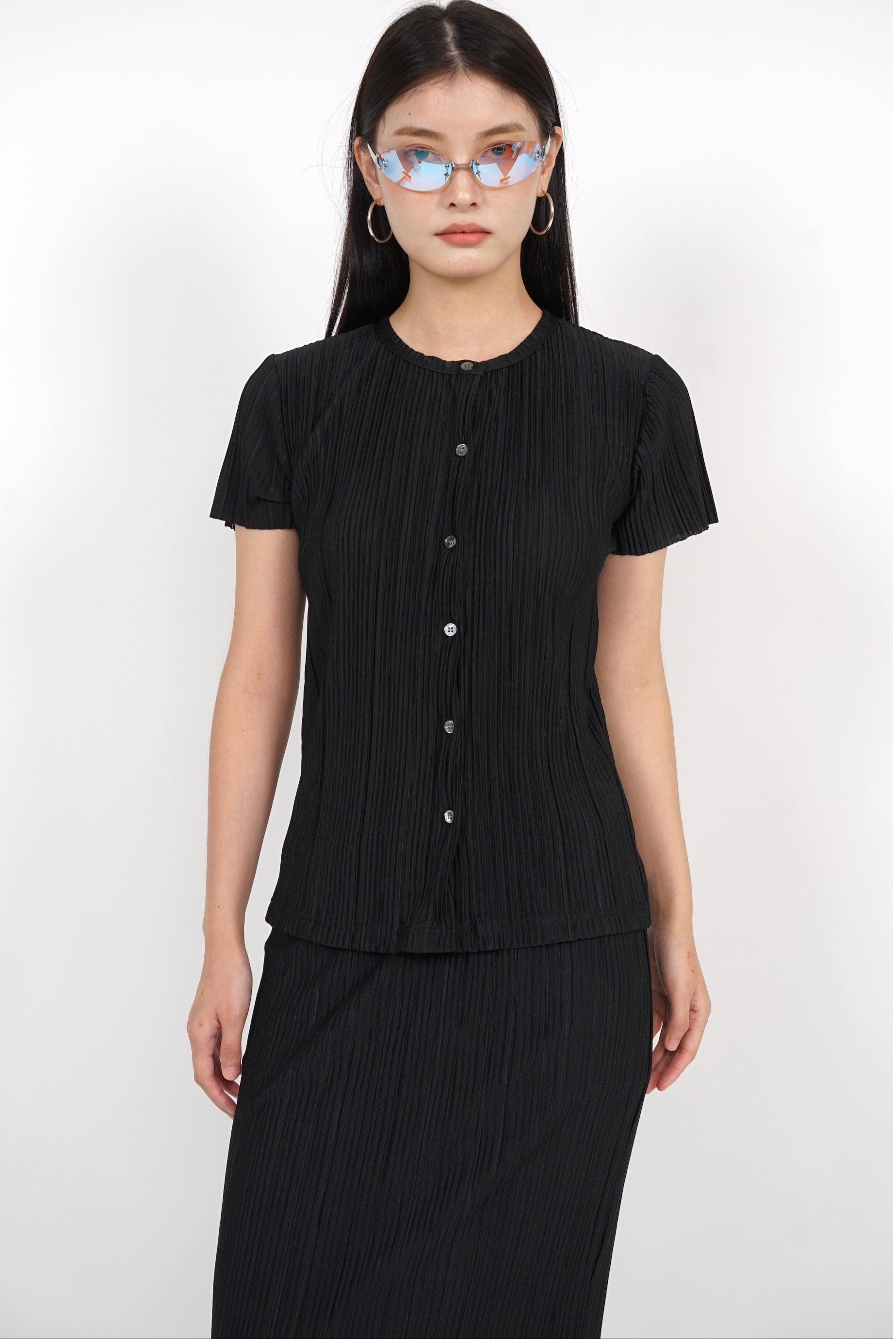 Plisse Button Pleated Top in Black