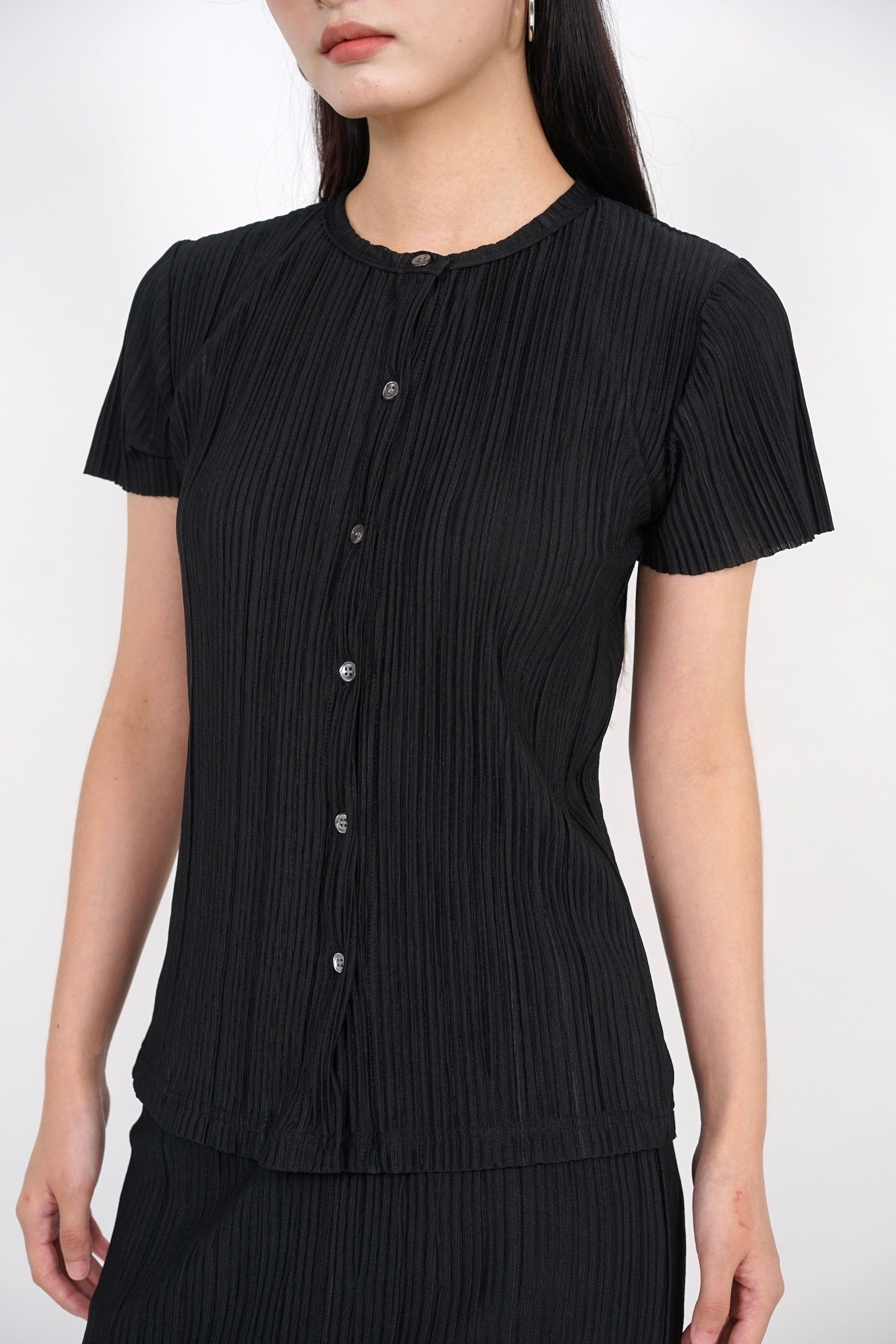 Plisse Button Pleated Top in Black