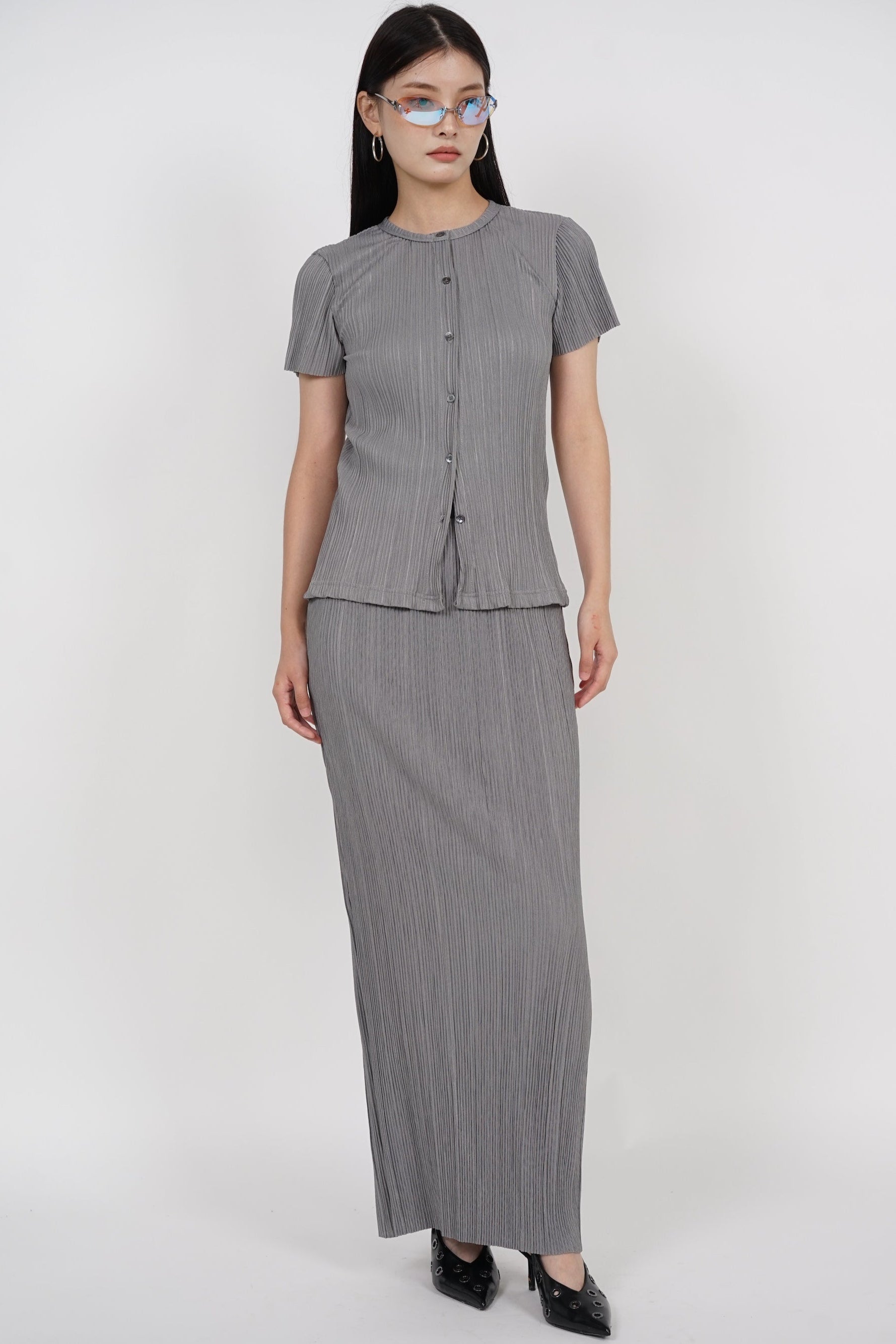 Plisse Button Pleated Top in Grey