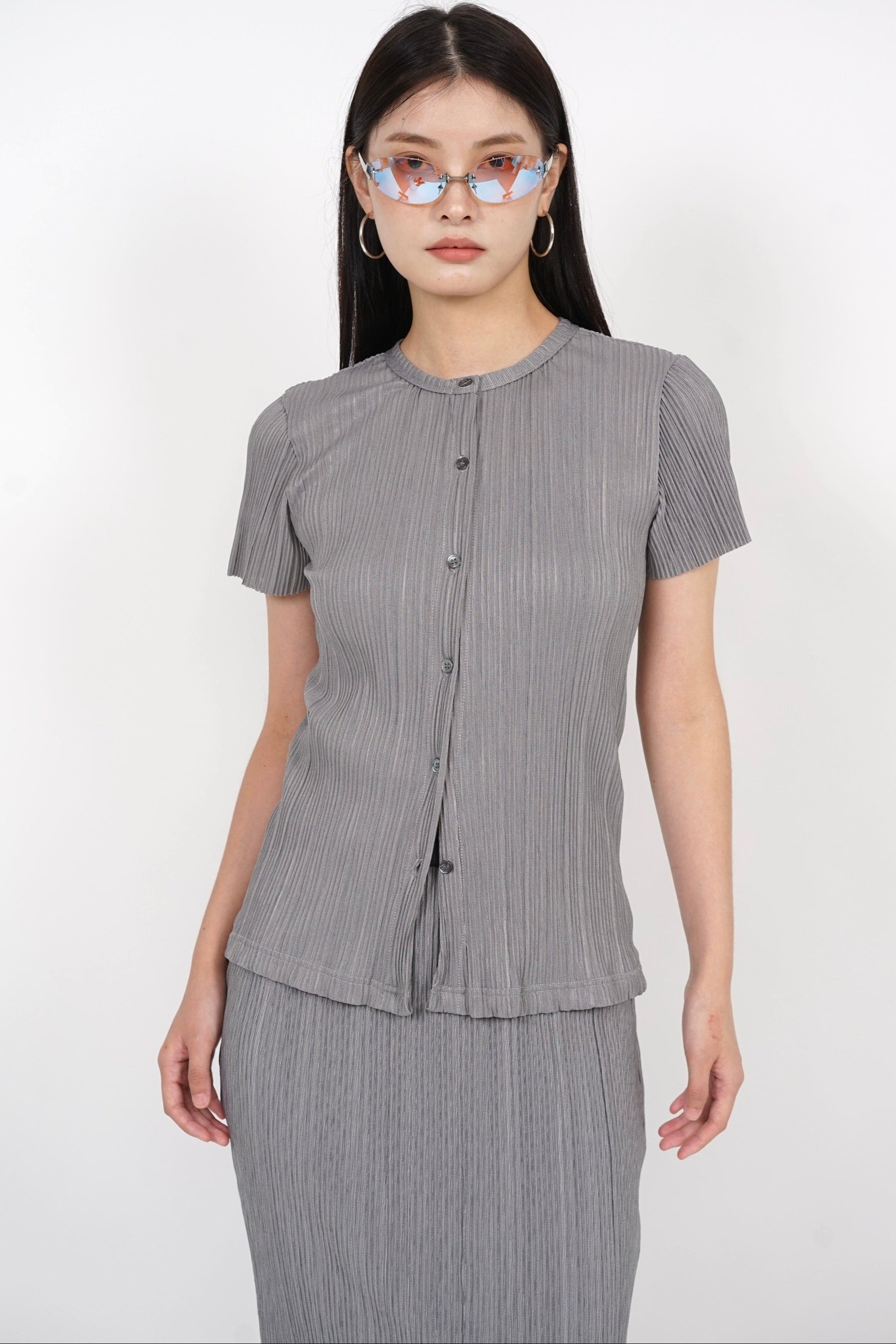 Plisse Button Pleated Top in Grey