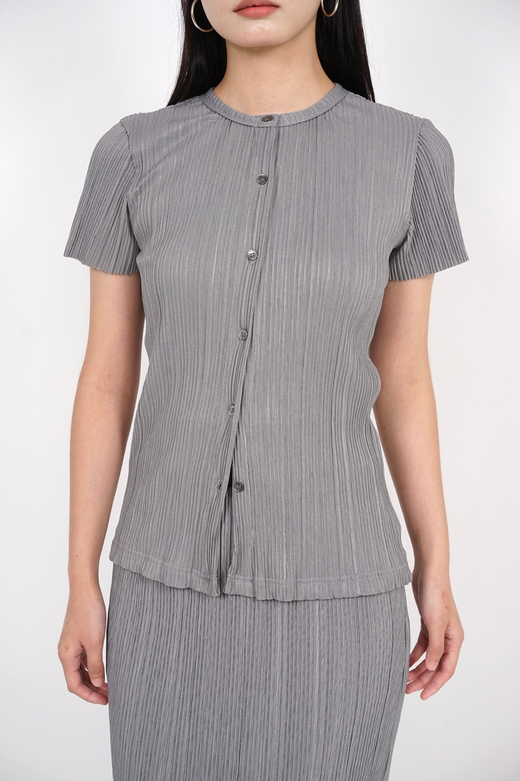 Plisse Button Pleated Top in Grey