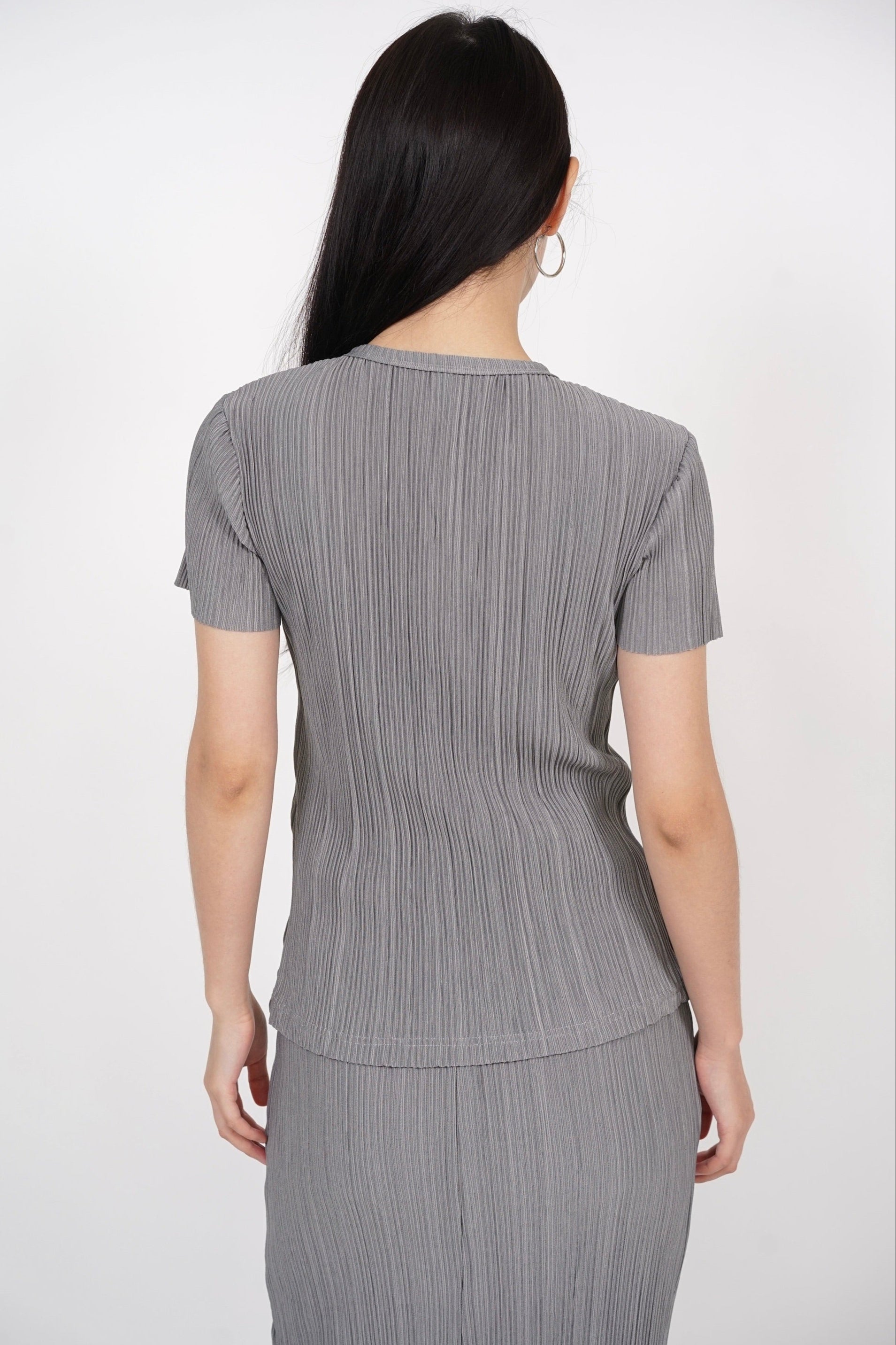 Plisse Button Pleated Top in Grey