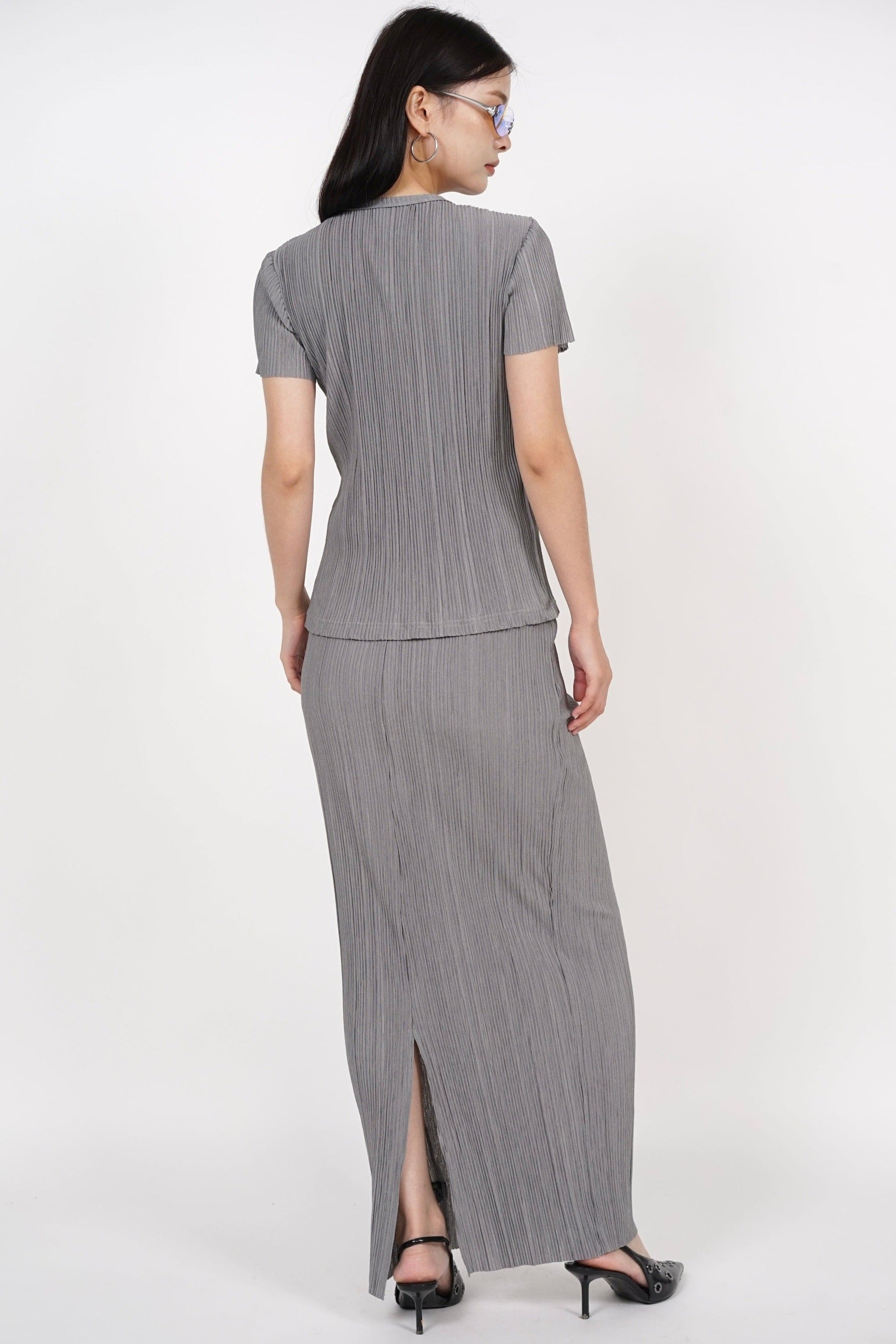 Plisse Button Pleated Top in Grey