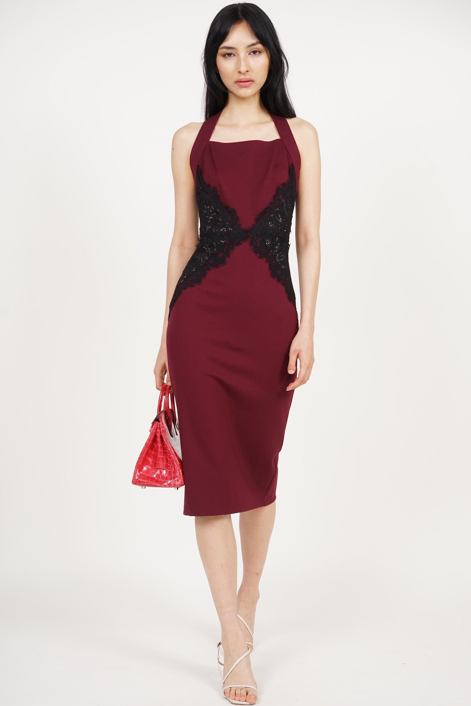 Halter Lace Panel Midi Dress in Burgundy Halter Lace Panel Midi Dress in Burgundy