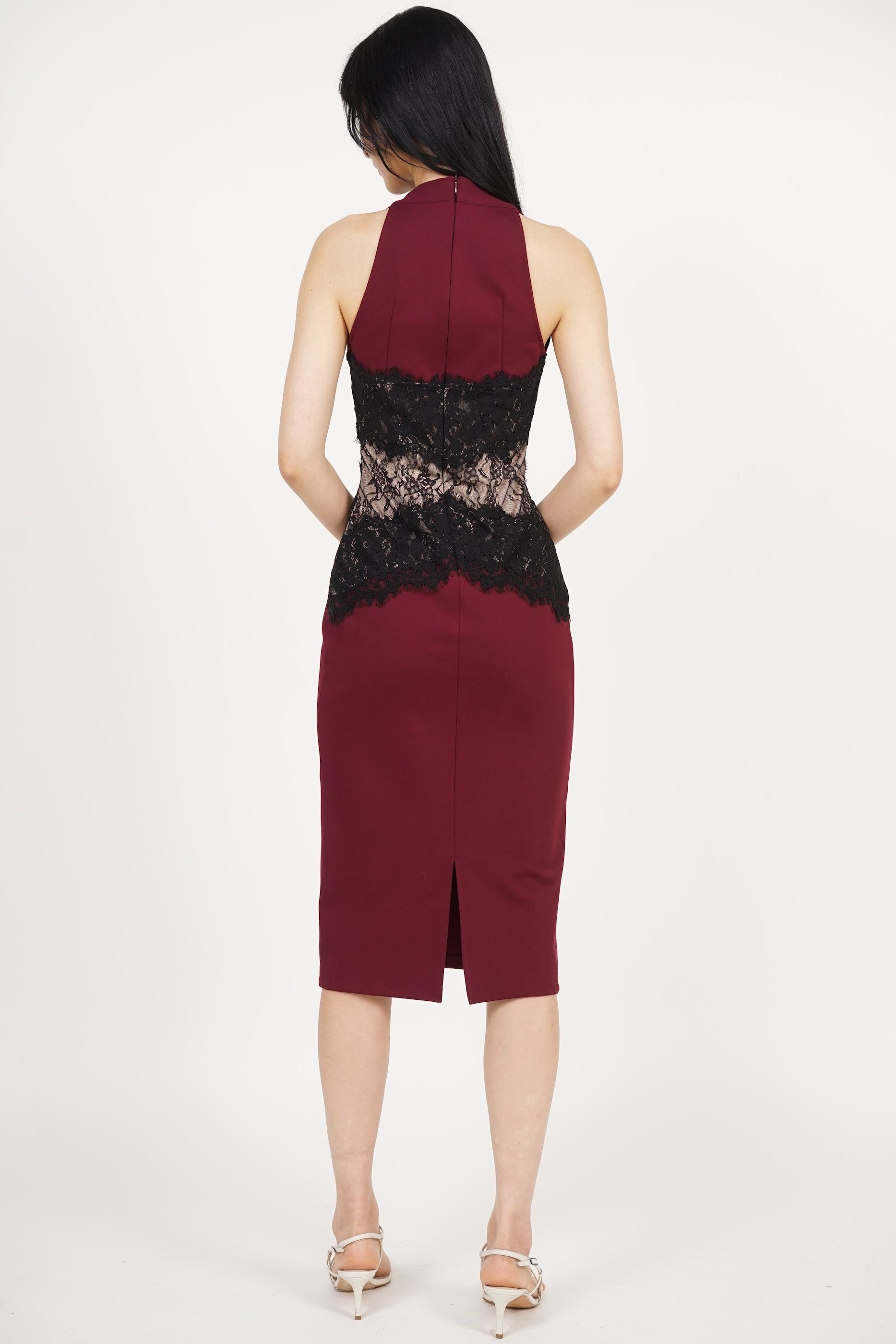Halter Lace Panel Midi Dress in Burgundy
