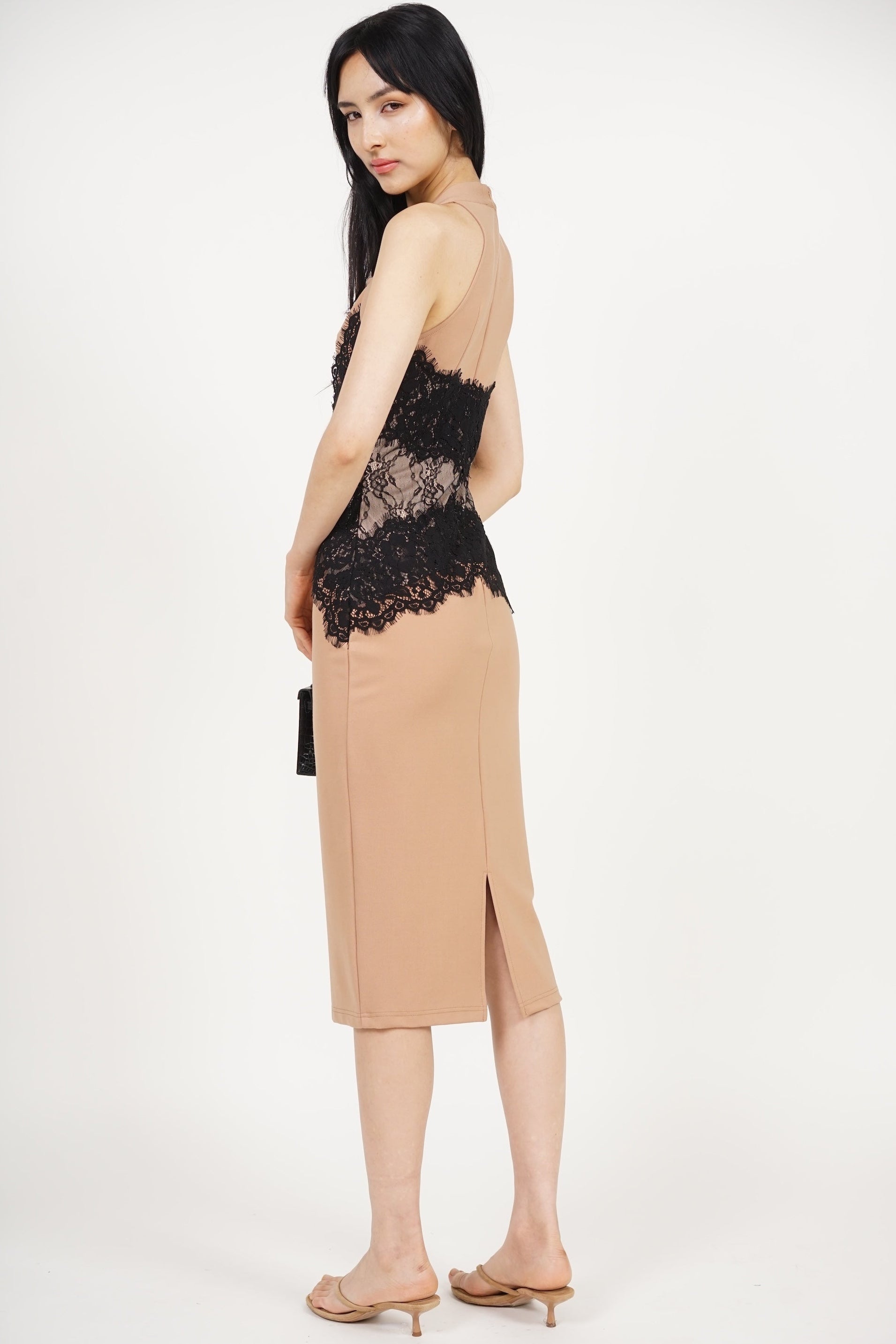 Halter Lace Panel Midi Dress in Nude