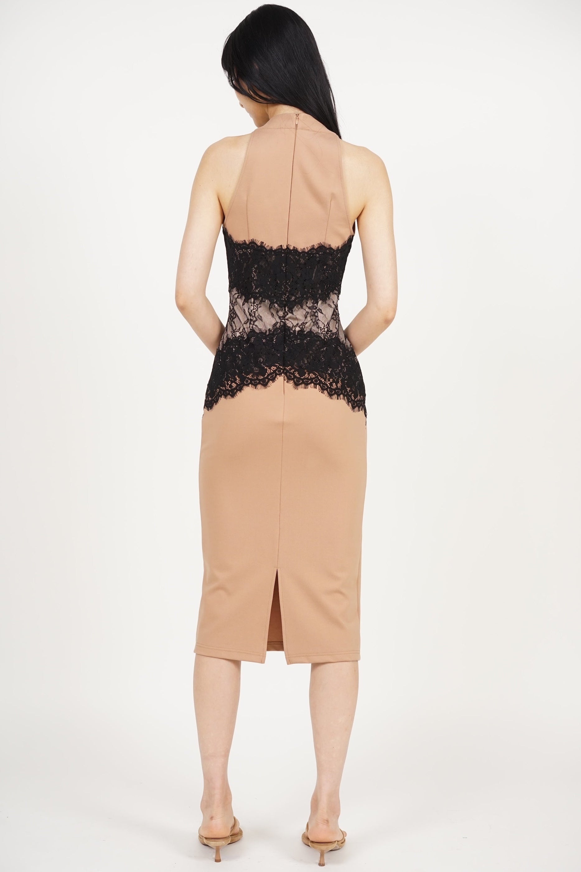 Halter Lace Panel Midi Dress in Nude