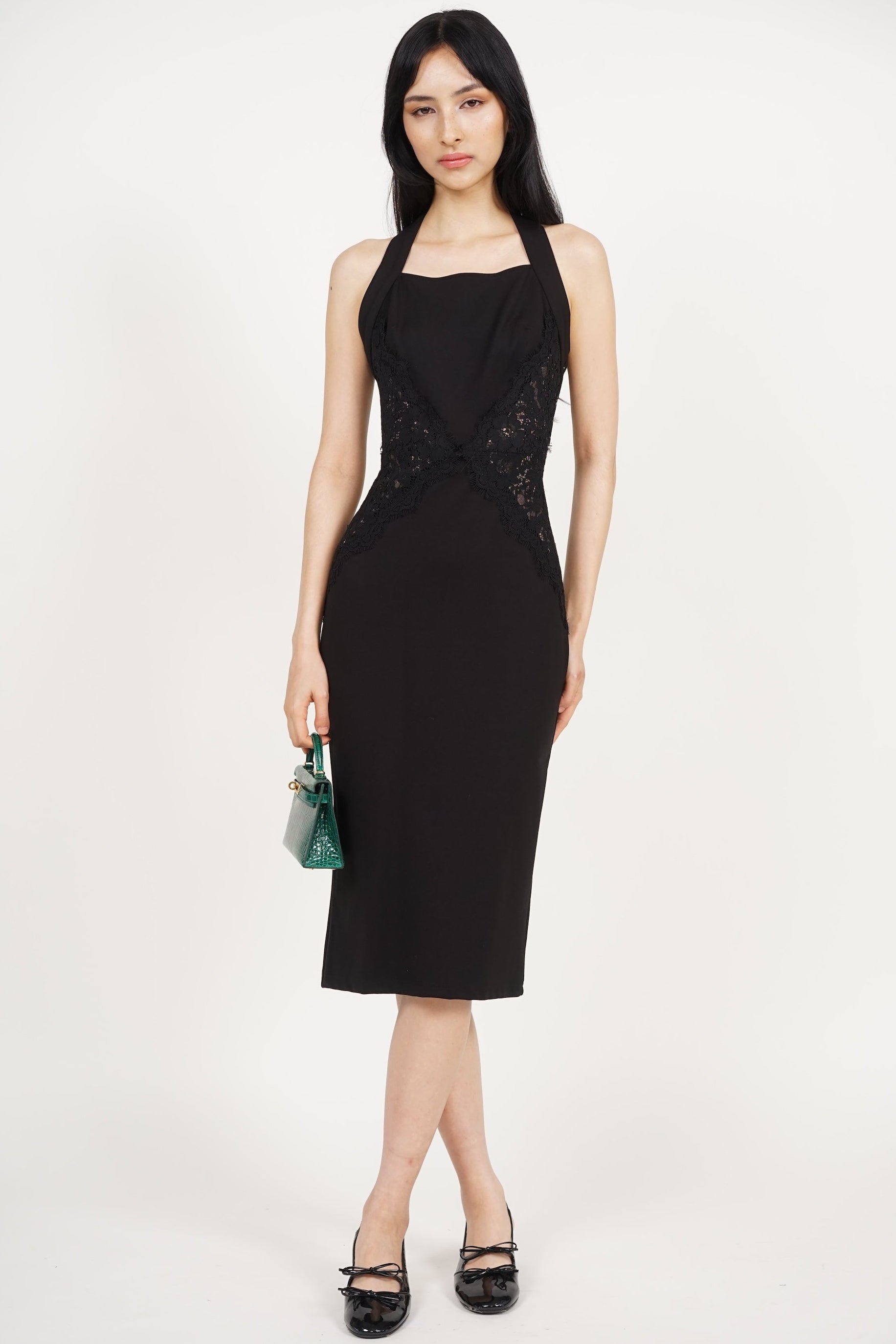 Halter Lace Panel Midi Dress in Black