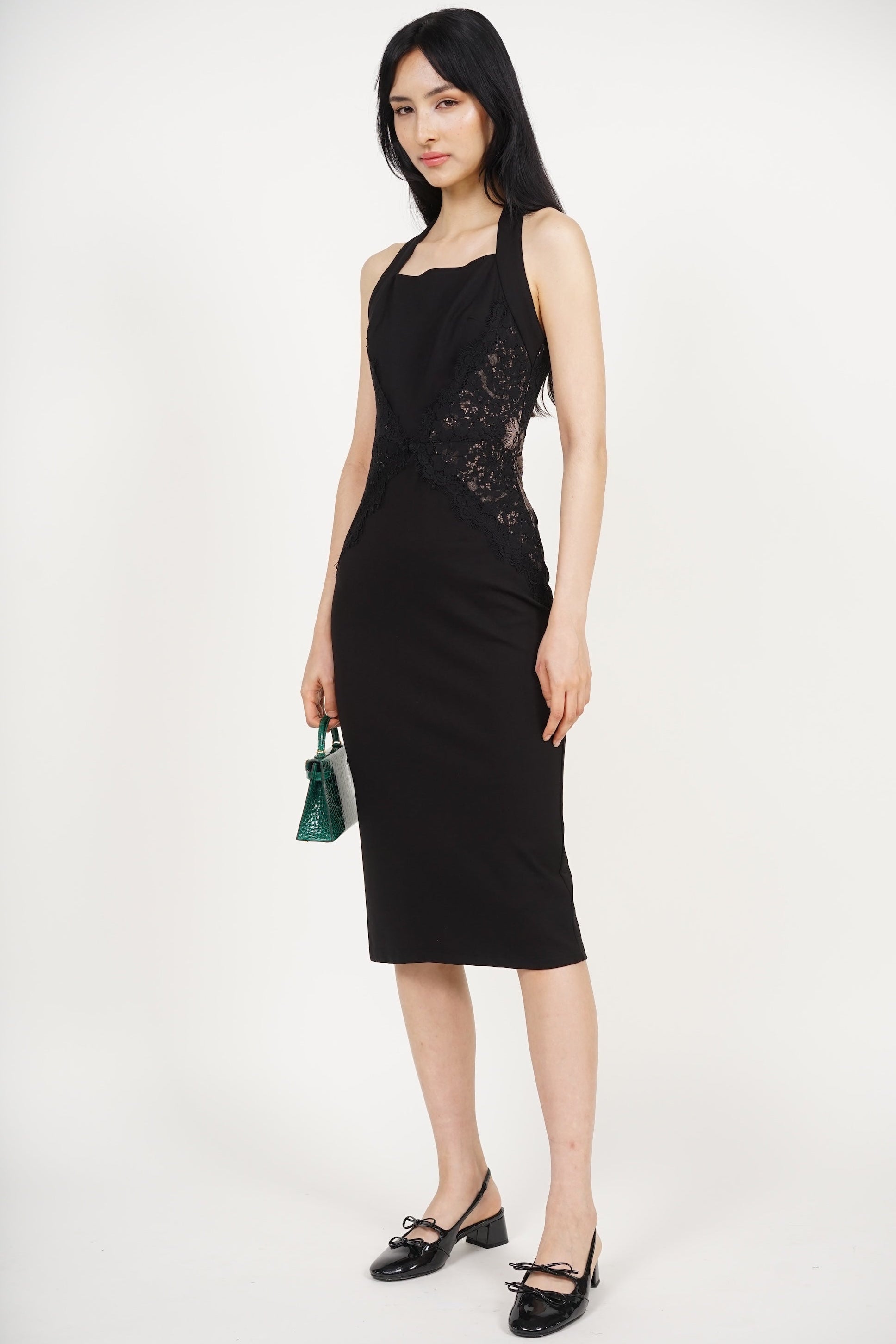 Halter Lace Panel Midi Dress in Black