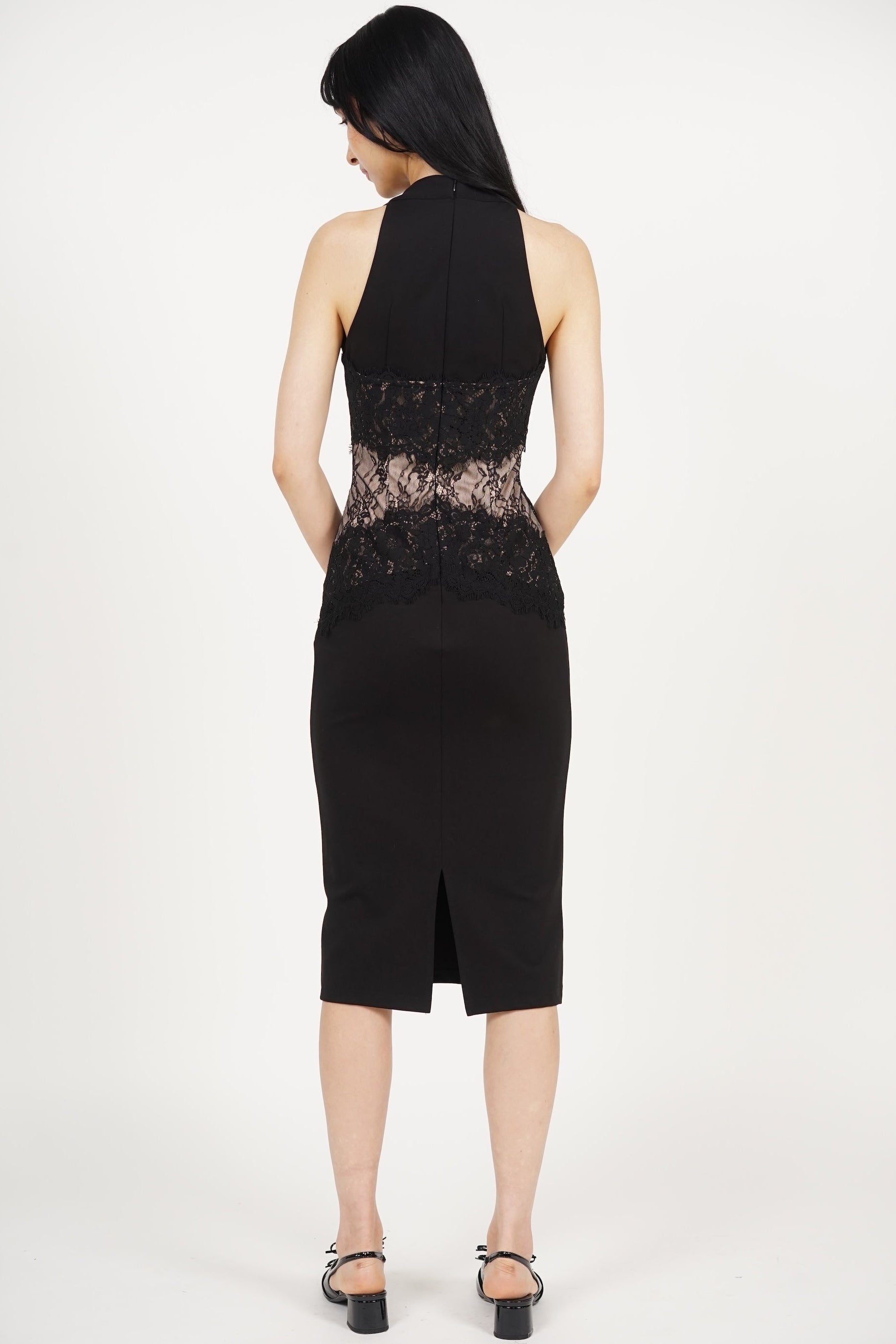 Halter Lace Panel Midi Dress in Black