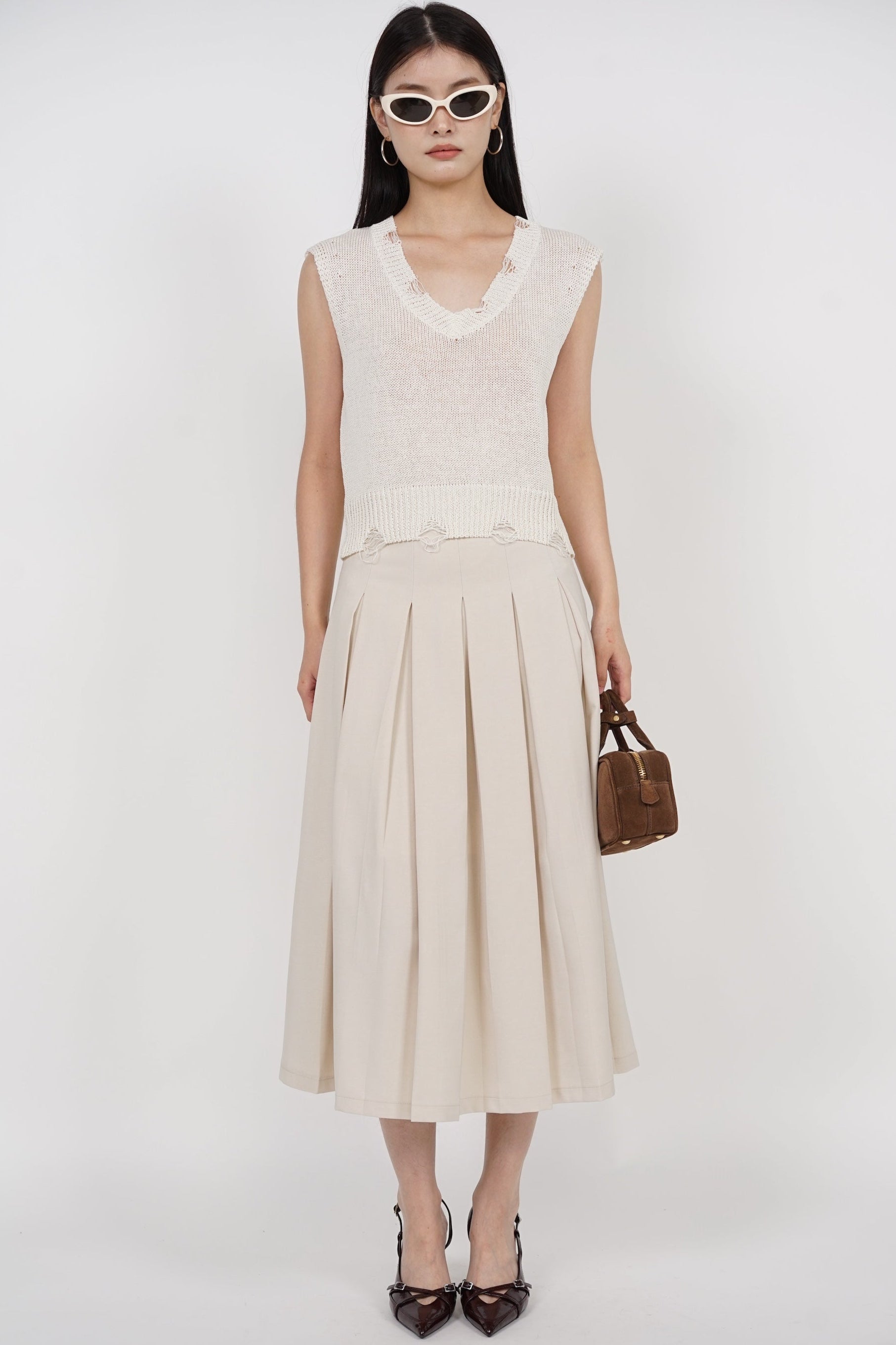 Box Pleated Skirt in Beige