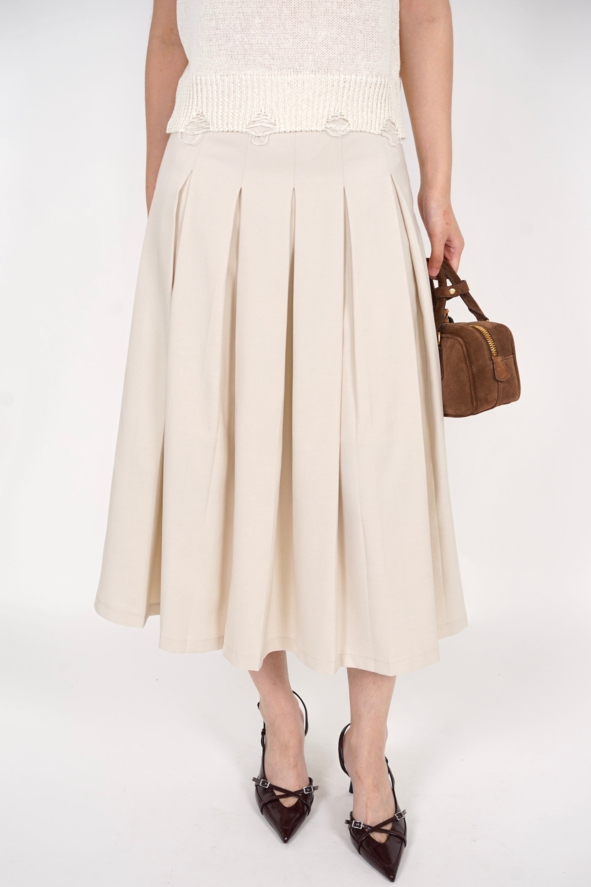 Box Pleated Skirt in Beige