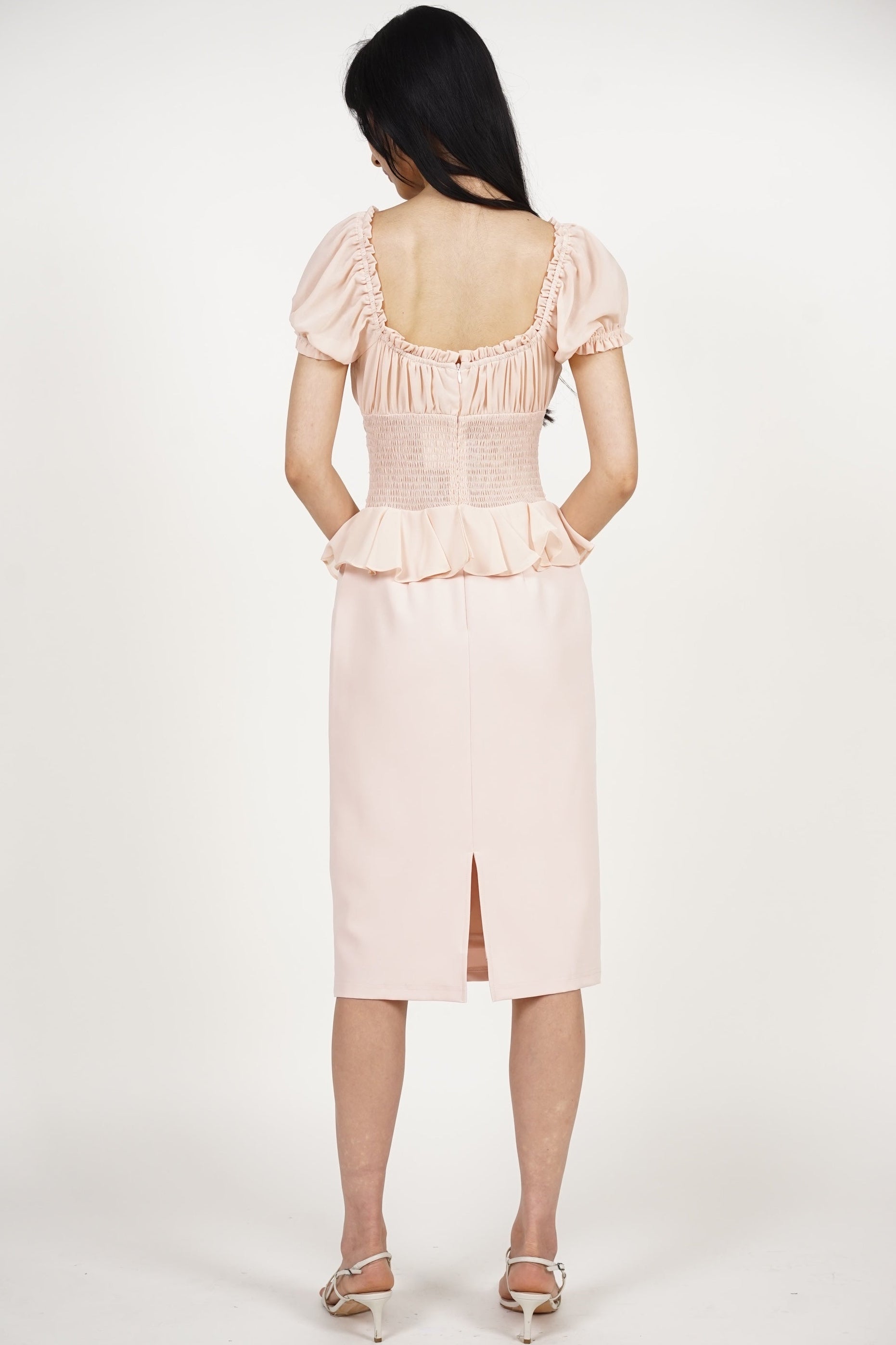 Peplum Lace Trim Midi Dress in Pink