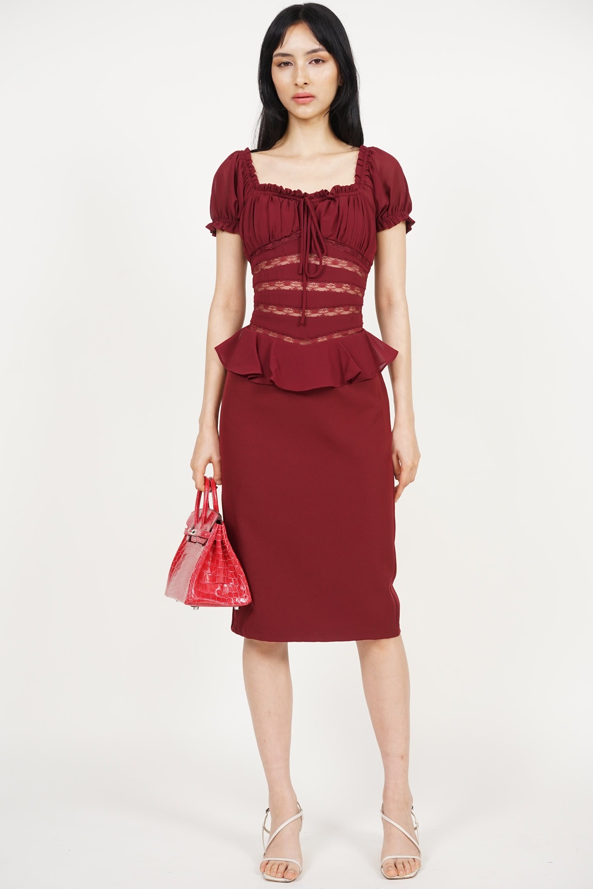 Peplum Lace Trim Midi Dress in Burgundy Peplum Lace Trim Midi Dress in Burgundy
