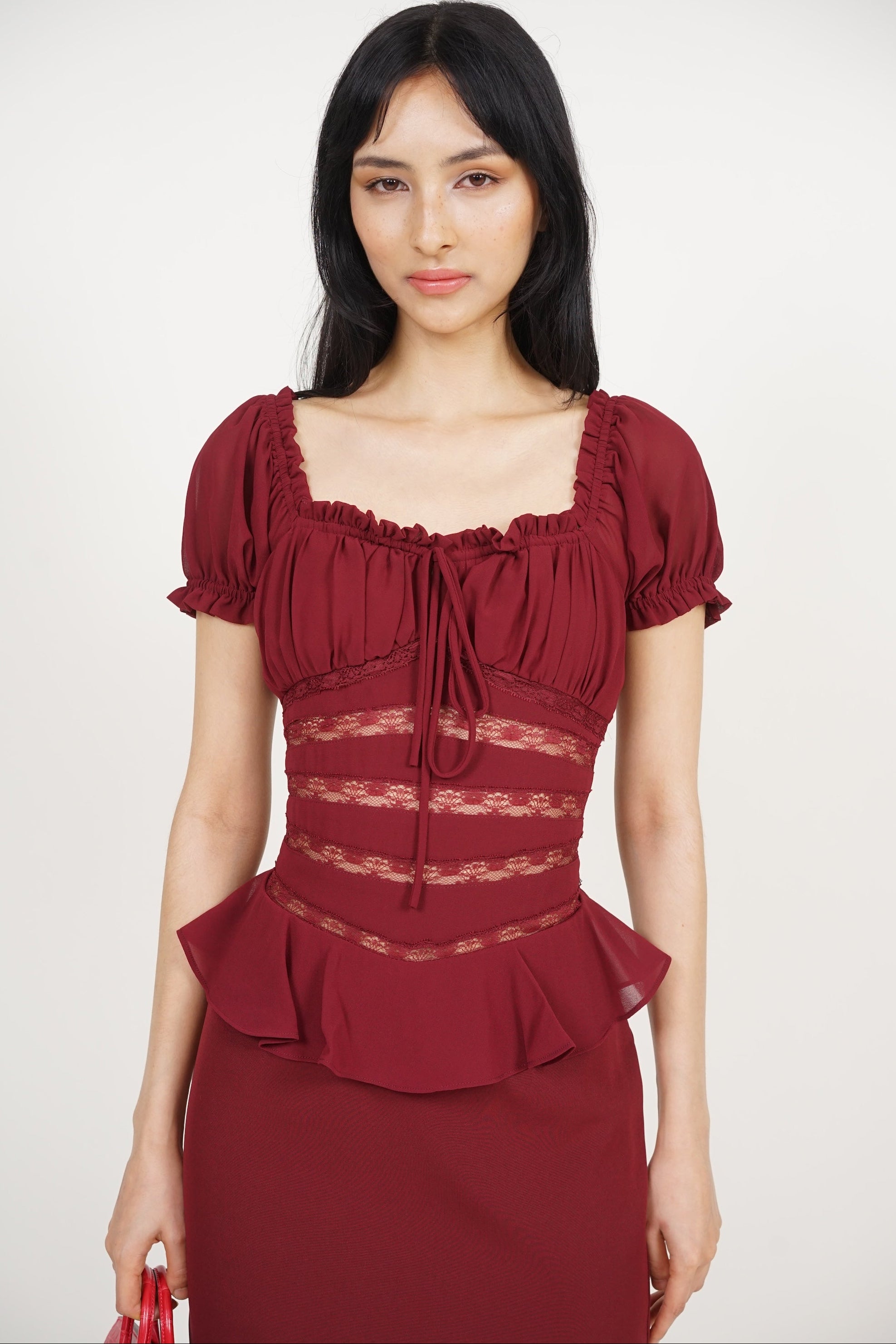 Peplum Lace Trim Midi Dress in Burgundy