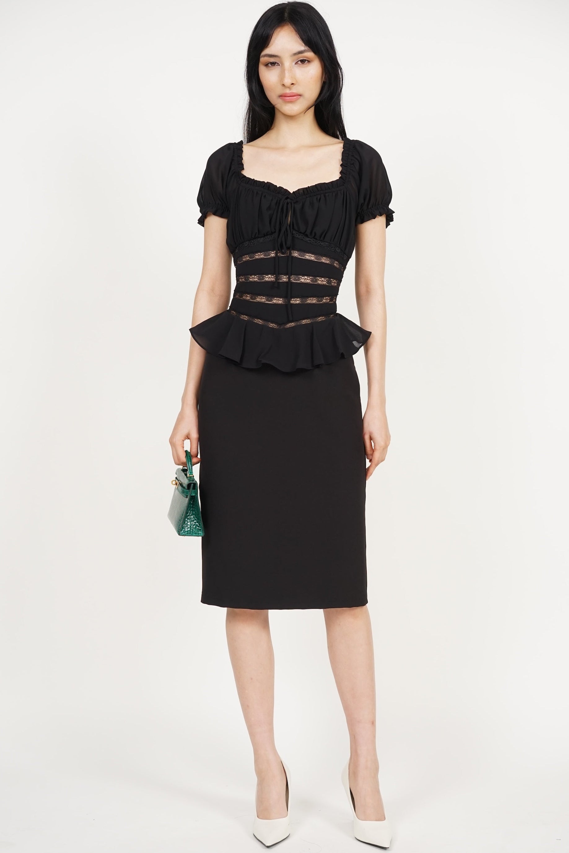 Peplum Lace Trim Midi Dress in Black