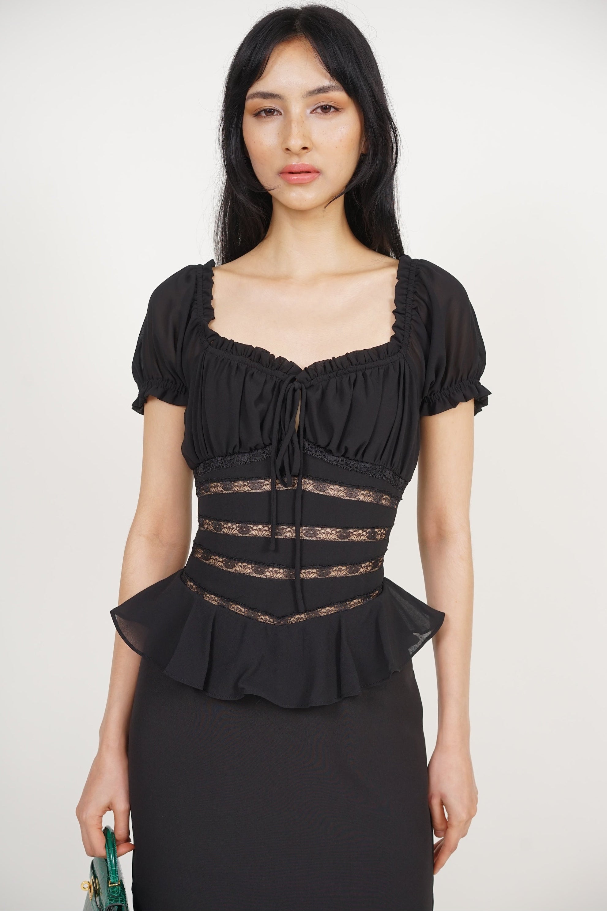 Peplum Lace Trim Midi Dress in Black