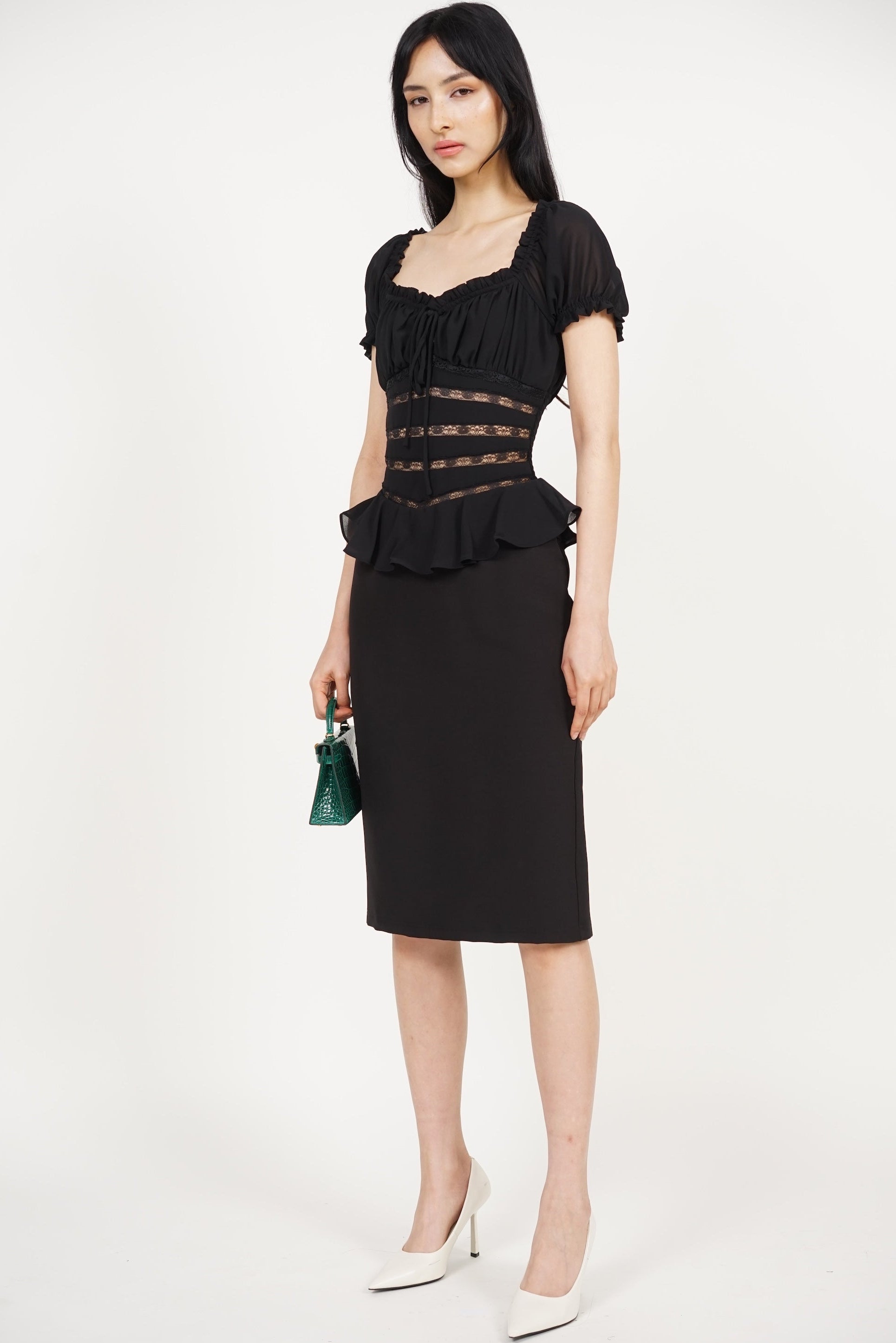 Peplum Lace Trim Midi Dress in Black