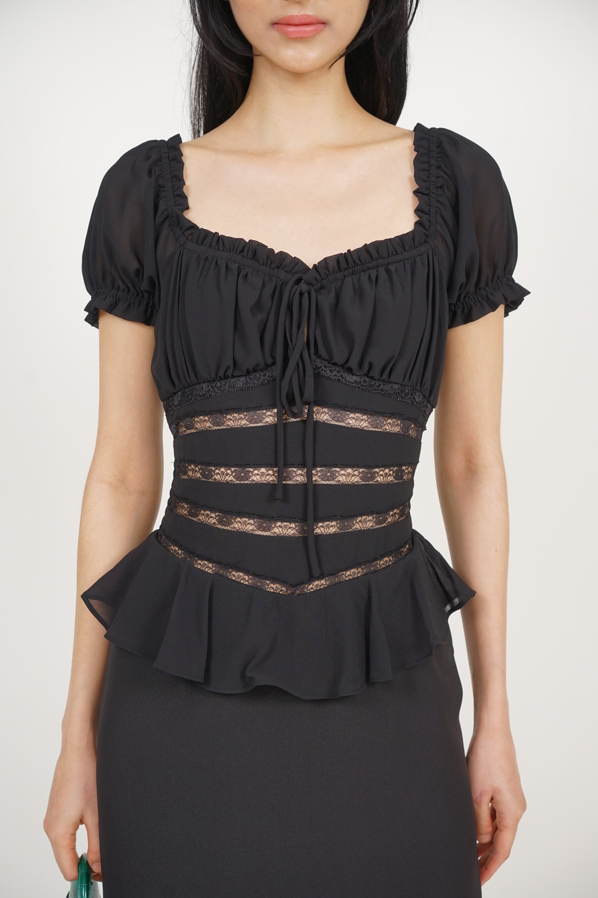 Peplum Lace Trim Midi Dress in Black