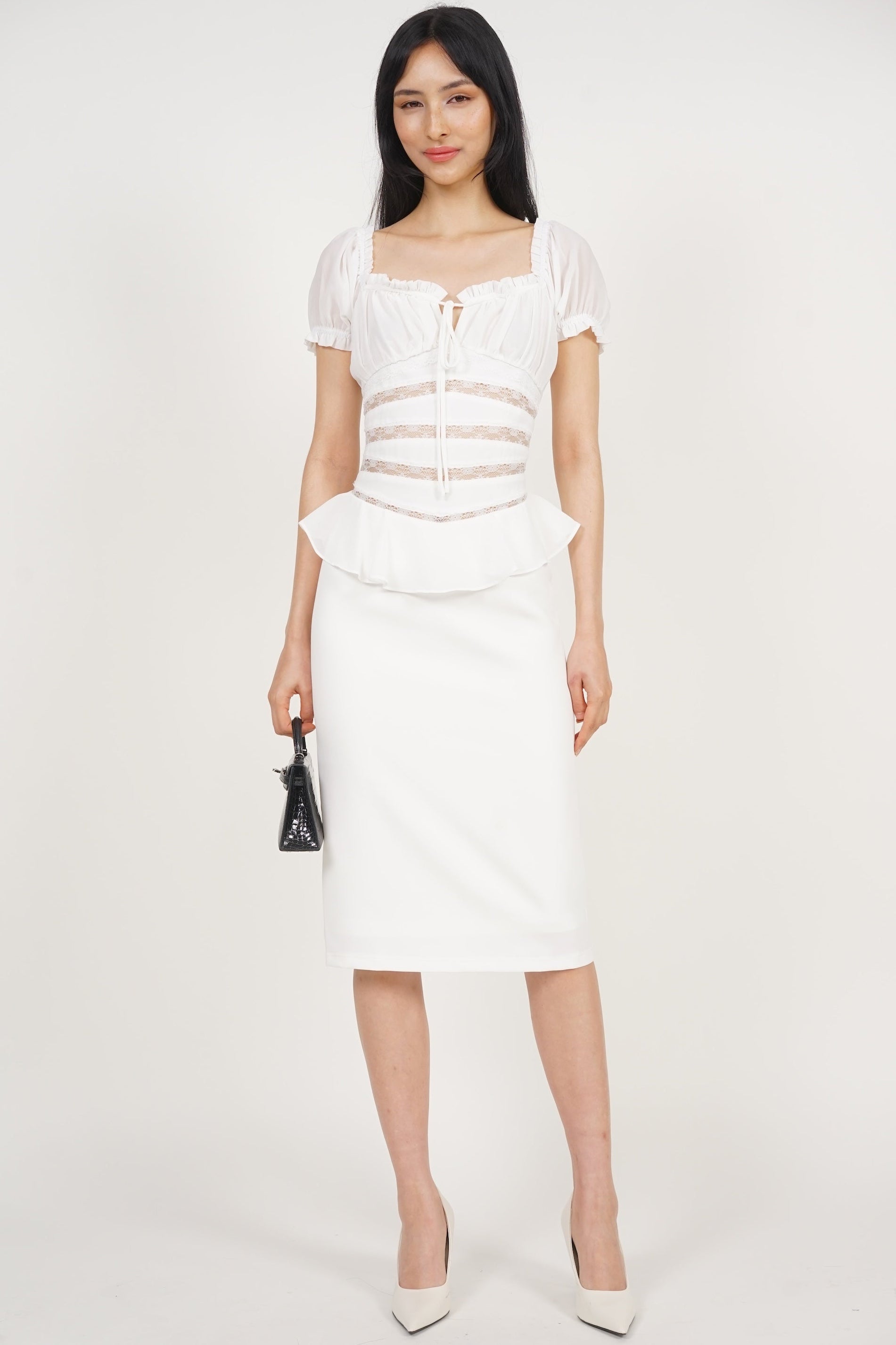 Peplum Lace Trim Midi Dress in White