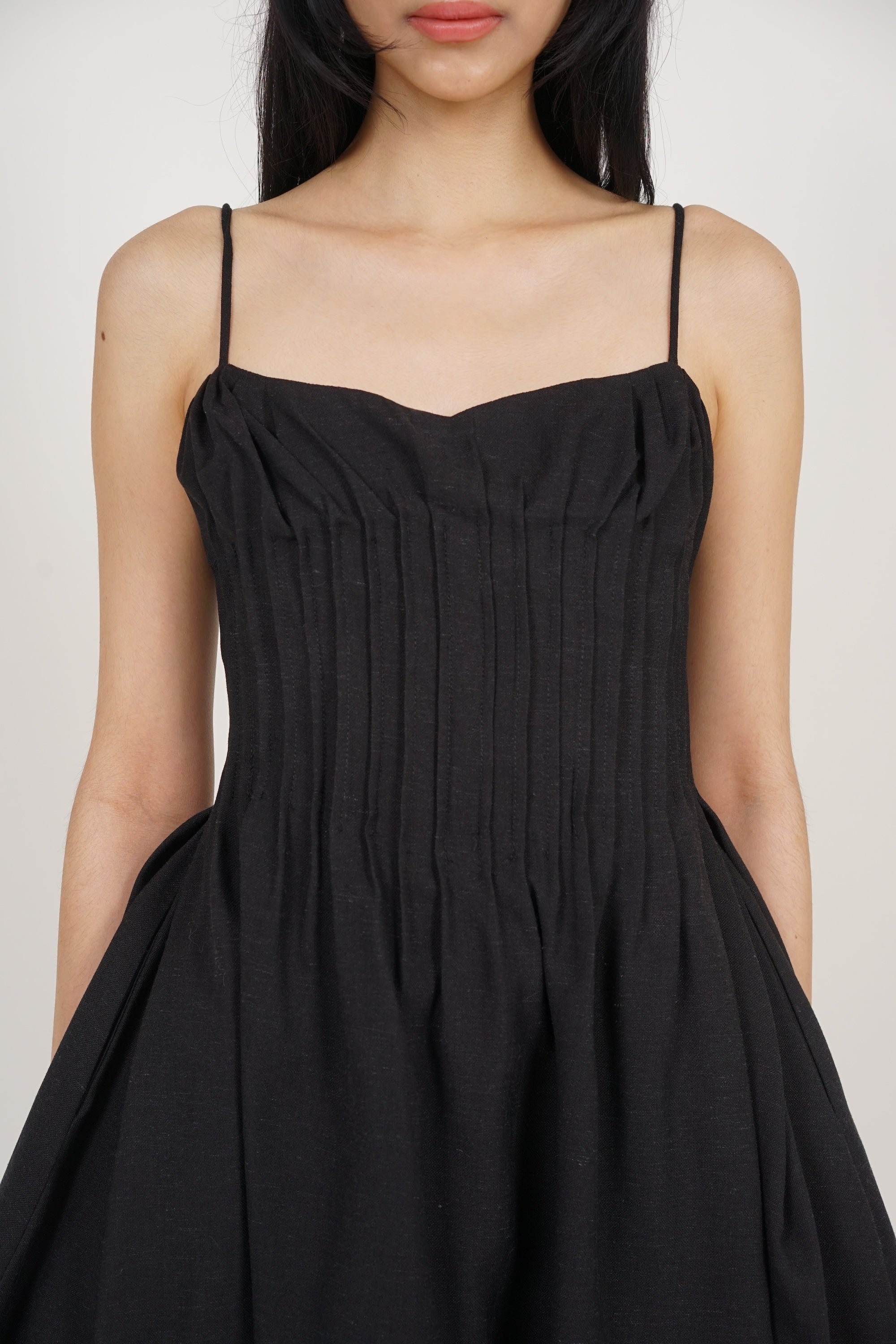 Pintuck Bubble-Hem Dress in Black