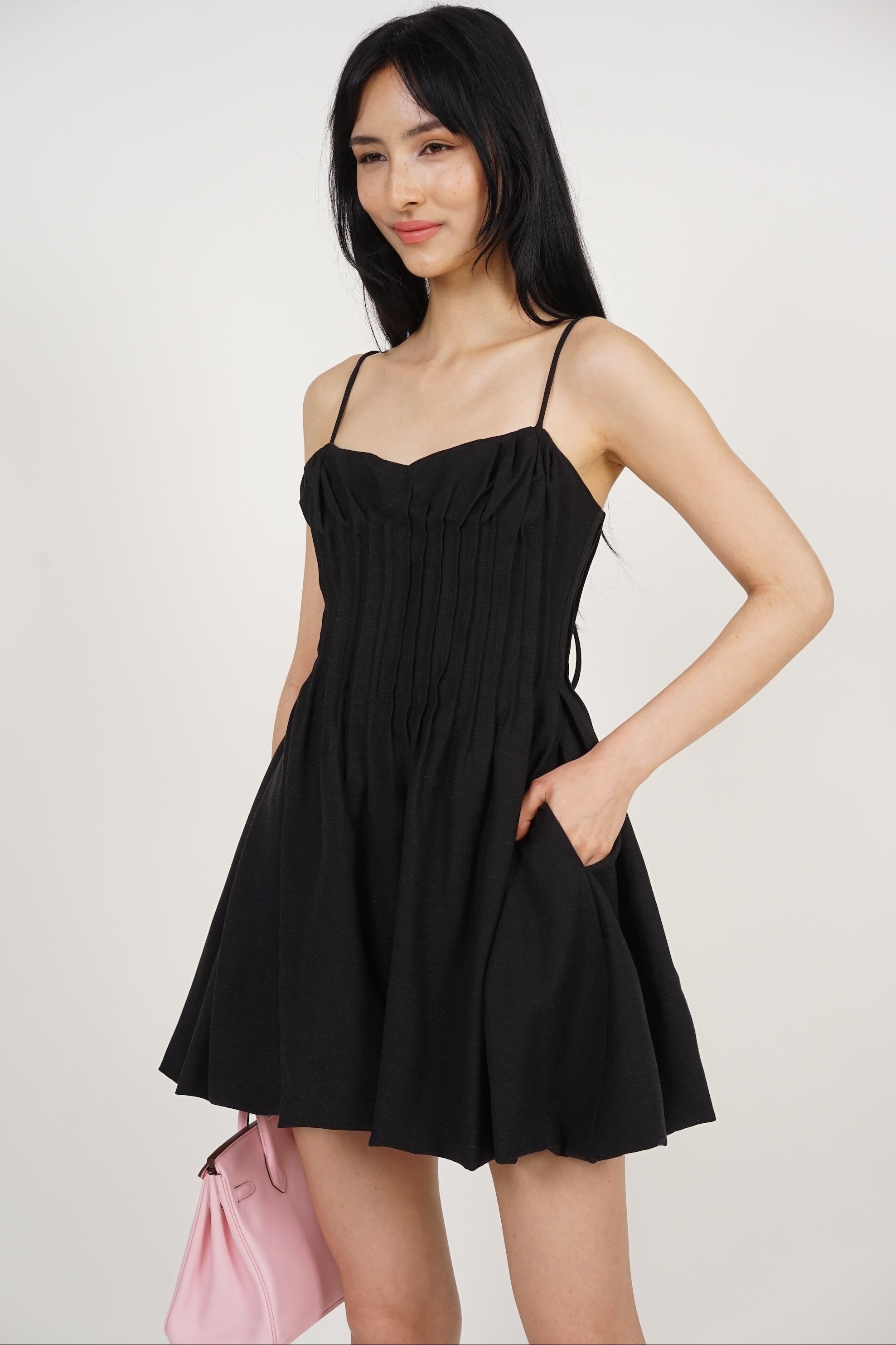 Pintuck Bubble-Hem Dress in Black