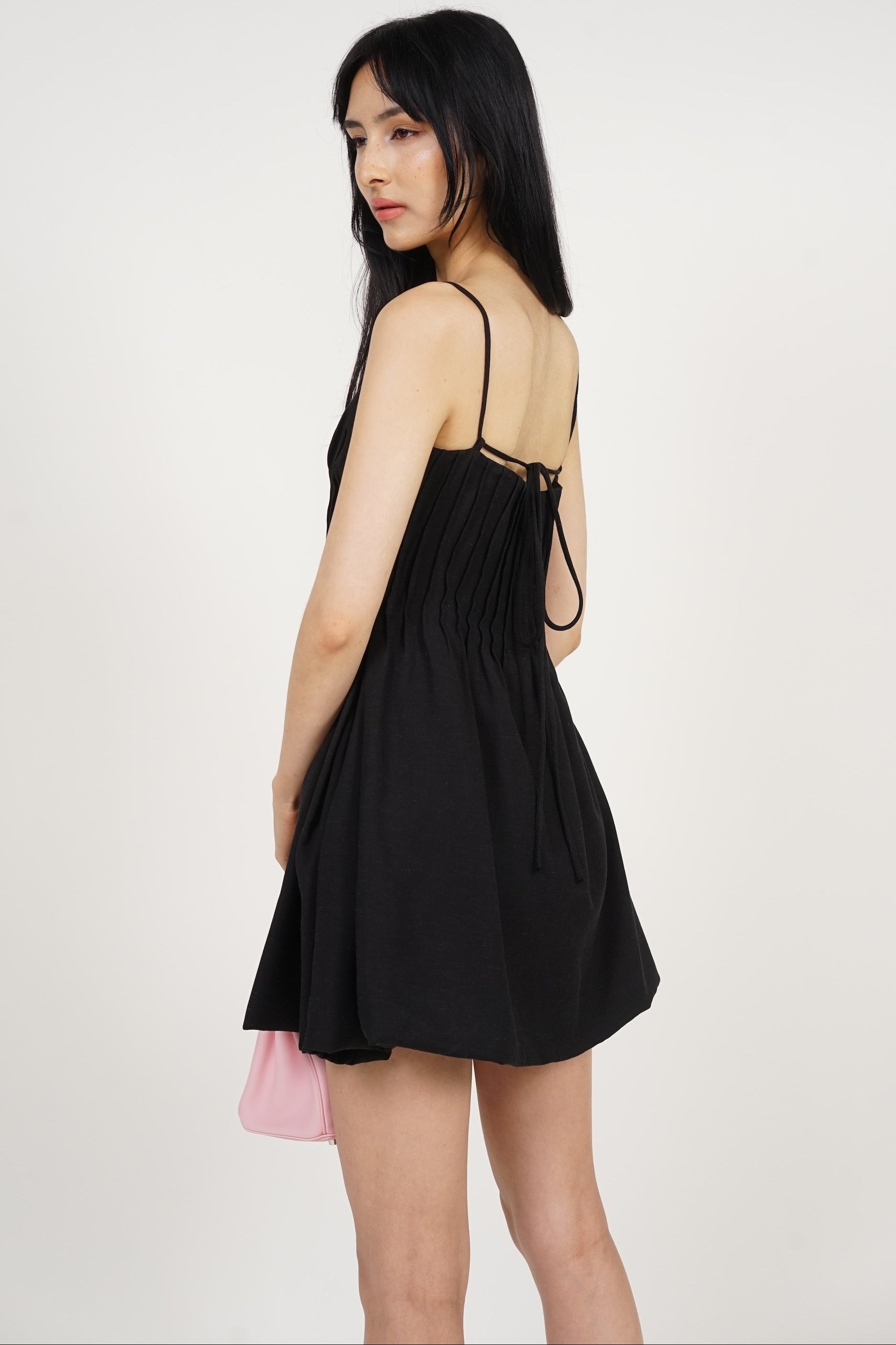 Pintuck Bubble-Hem Dress in Black