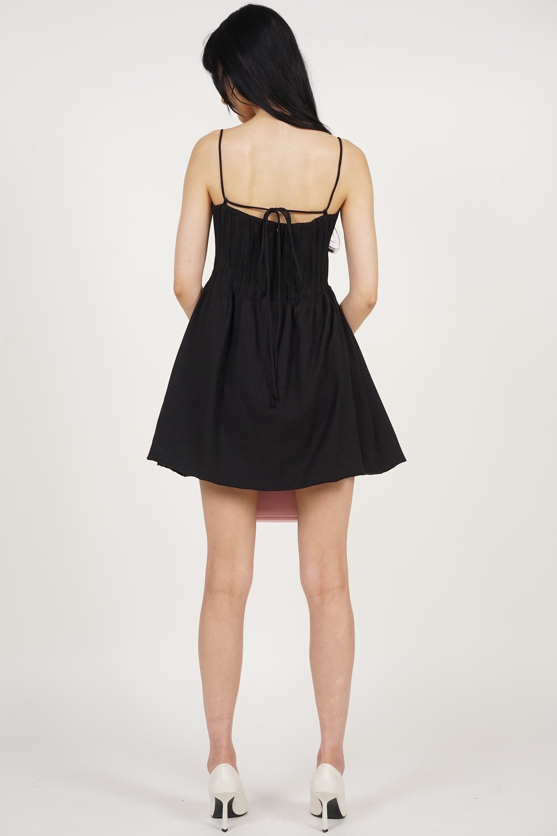 Pintuck Bubble-Hem Dress in Black